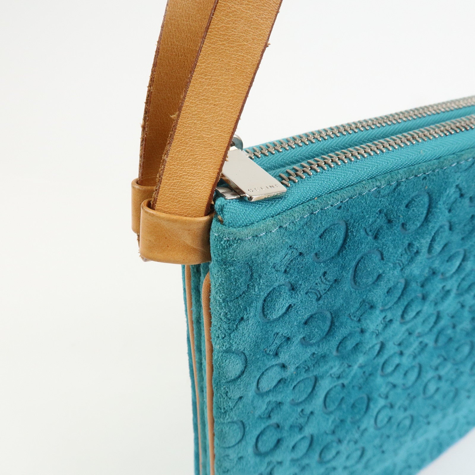 CELINE C Macadam Suede Leather Shoulder Bag Turquoise Blue
