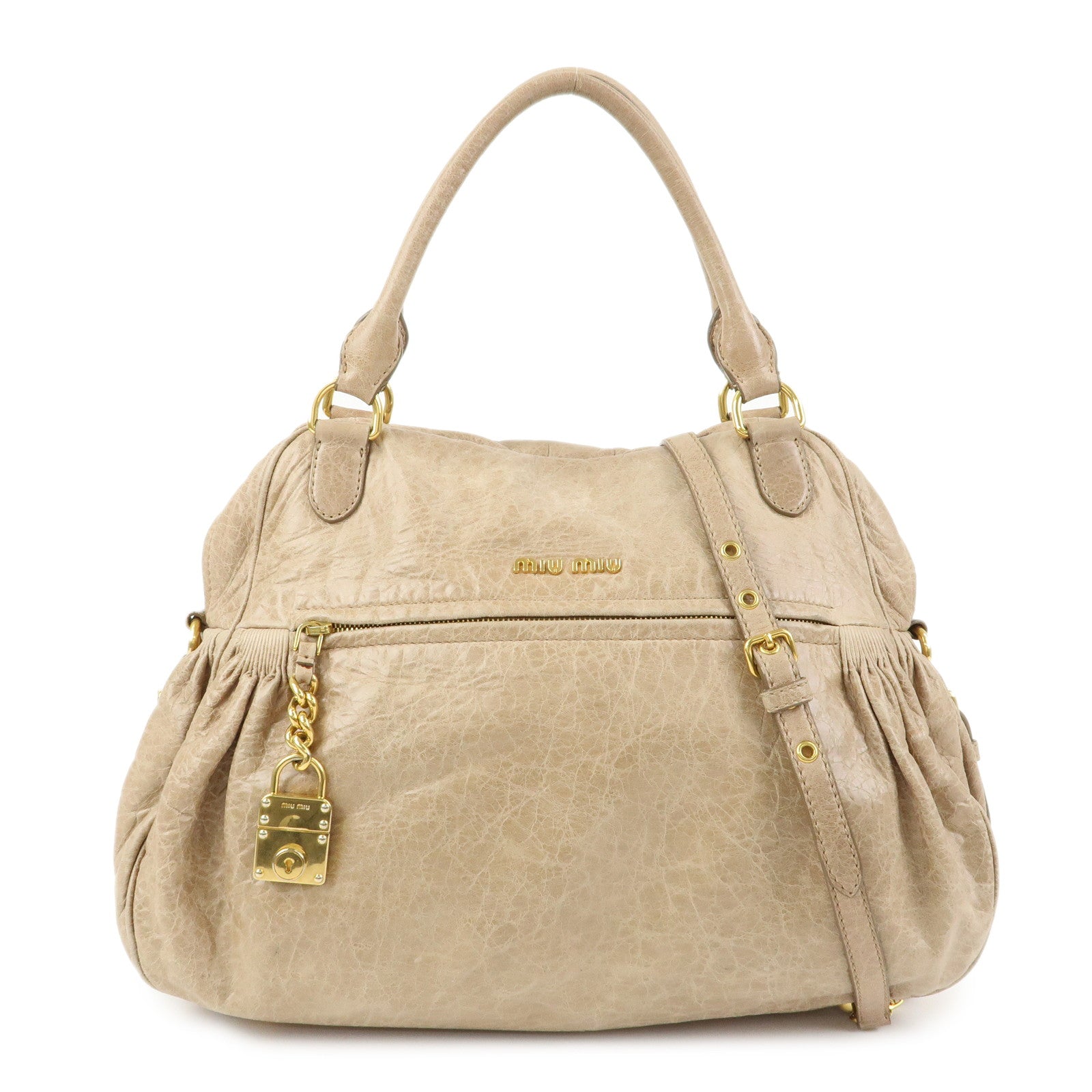 MIU MIU Leather 2Way Bag Hand Bag Shoulder Bag Beige