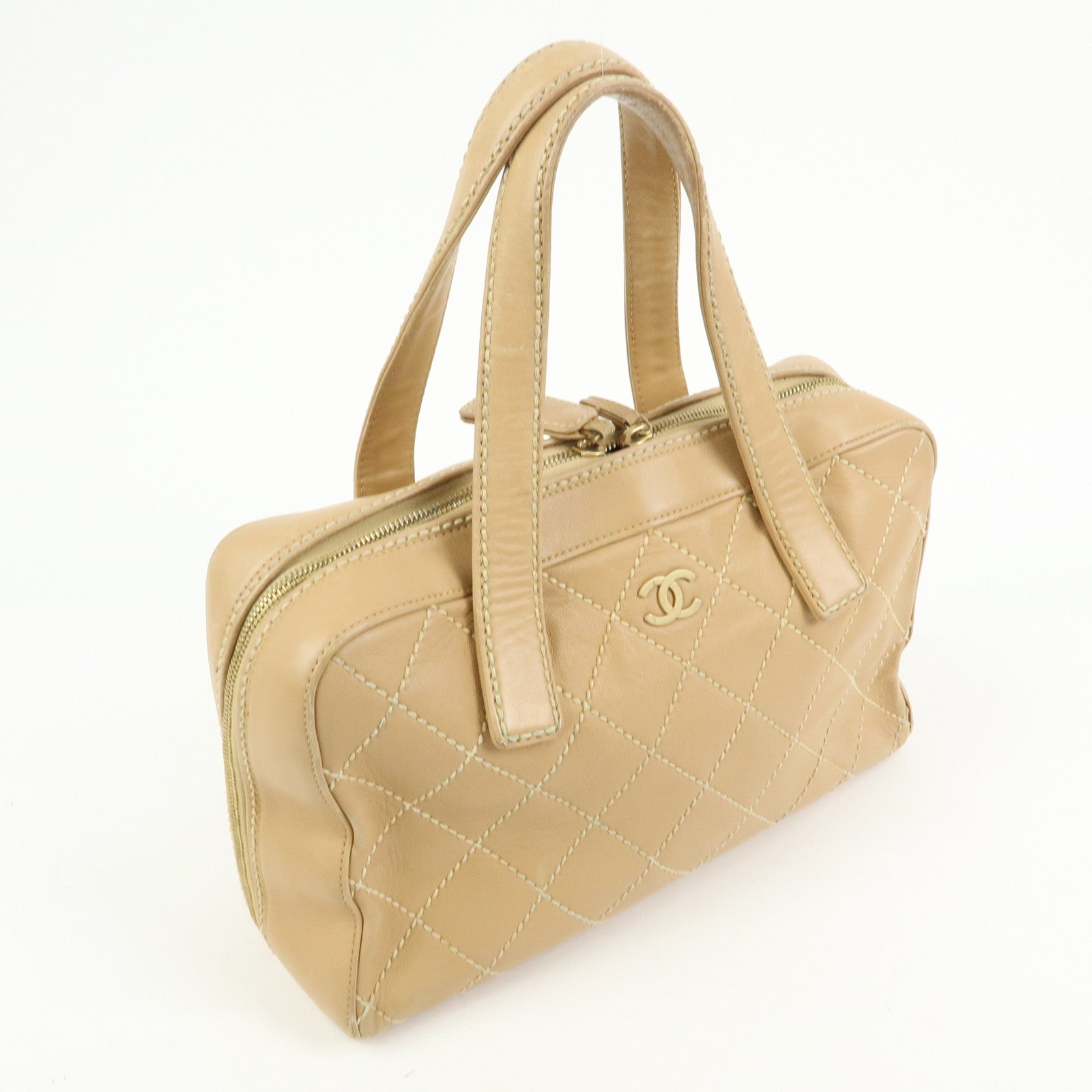 CHANEL Wild Stitch Calf Leather Boston Bag Hand Bag Beige