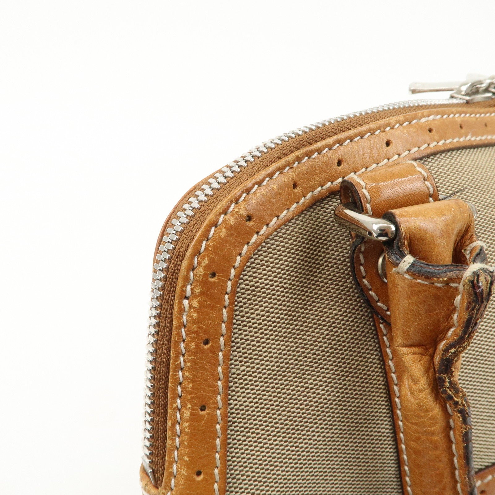 GUCCI Interlocking G Sherry Leather Canvas Hand Bag Beige 114882 Used