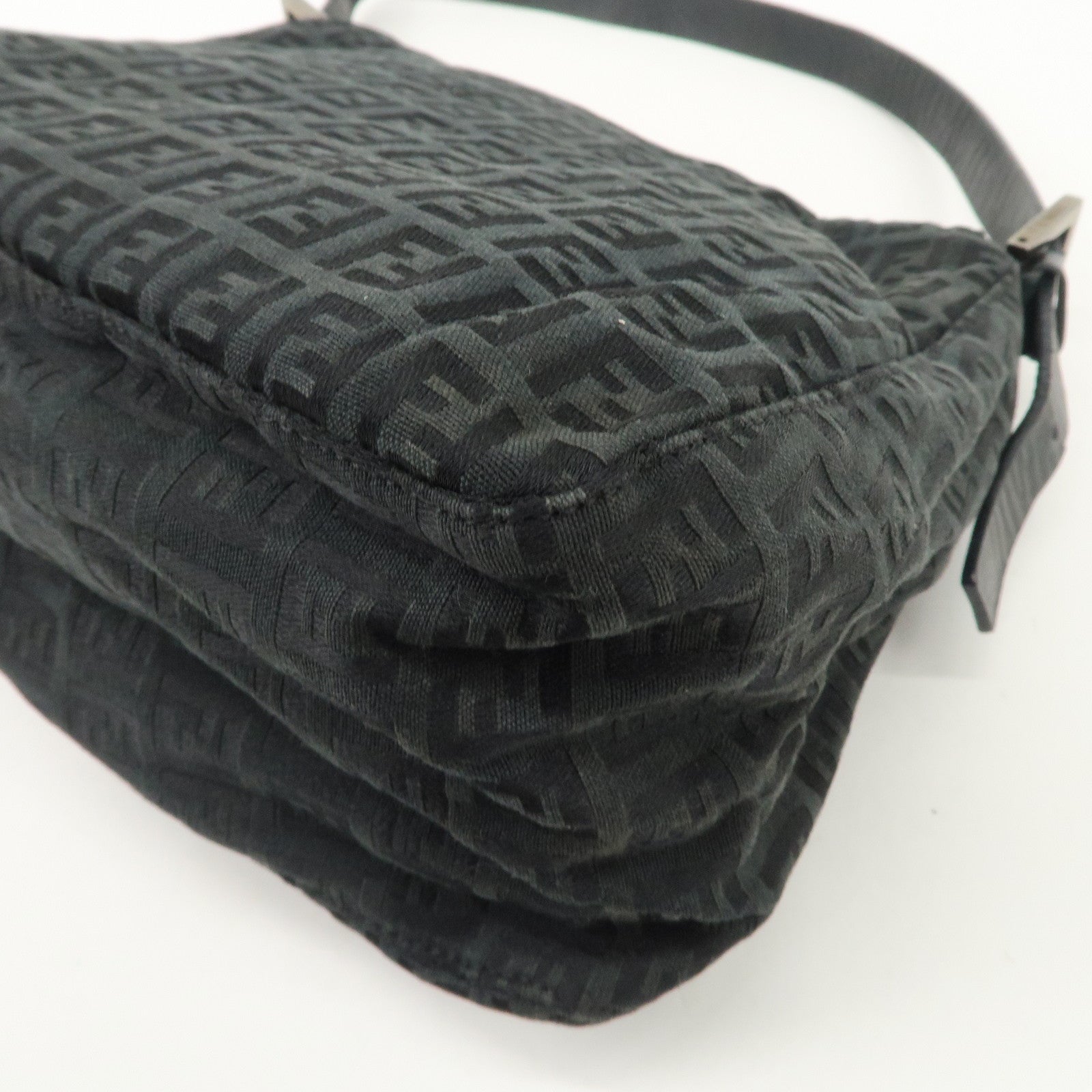 FENDI Mamma Baguette Zucchino Leather Canvas Shoulder Bag Black 8BR001 Used