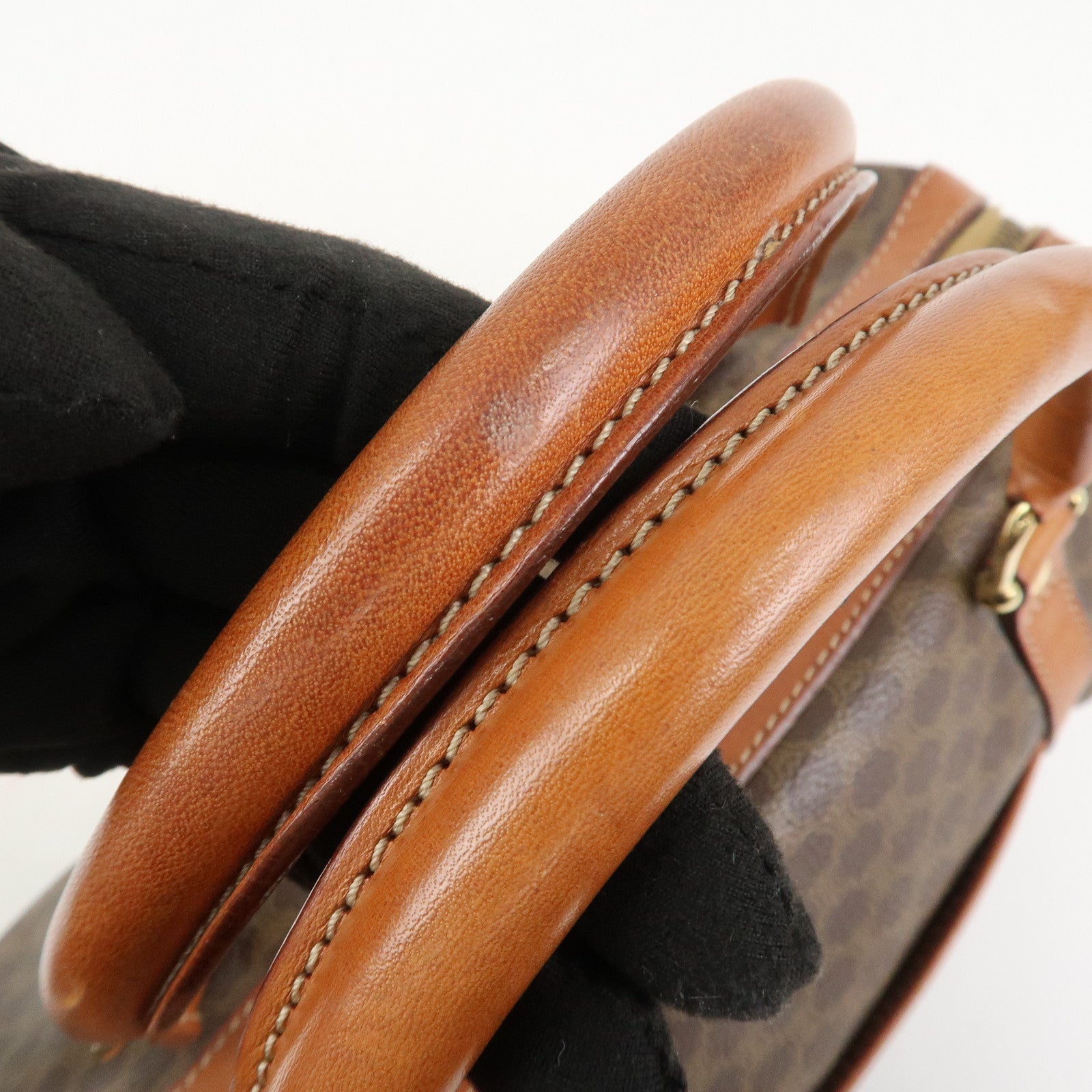 CELINE Macadam PVC Coating Canvas Leather Boston Bag Brown