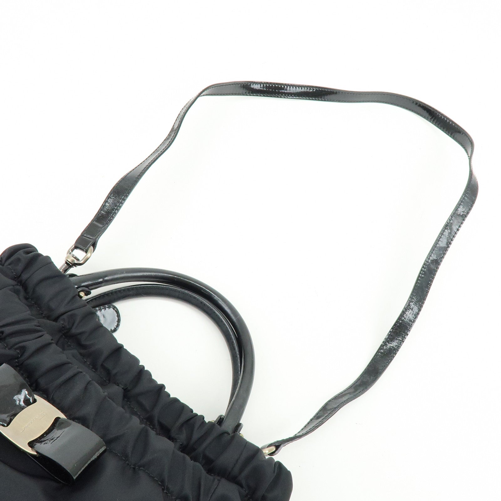 Ferragamo Vara Ribbon Nylon Patent Leather 2Way Bag Hand Bag Black