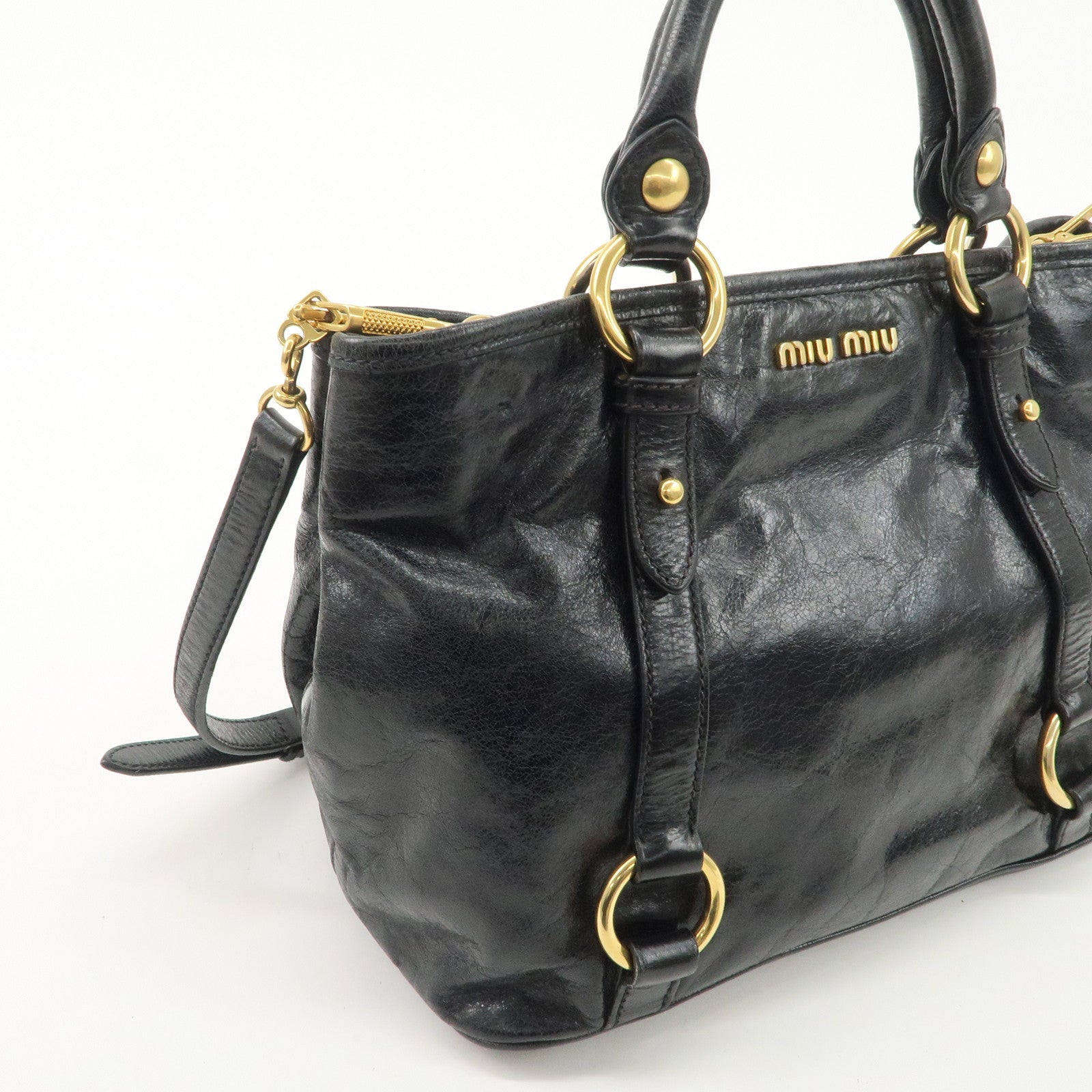 MIUMIU Logo Leather 2WAY Hand Bag Black Gold Hardware RN0685 Used