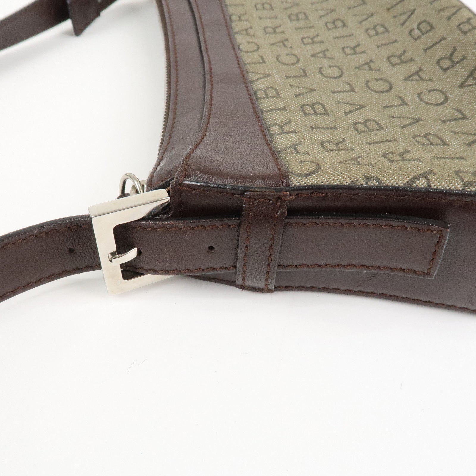 BVLGARI Logo Mania Canvas Leather Shoulder Bag khaki Dark Brown Used