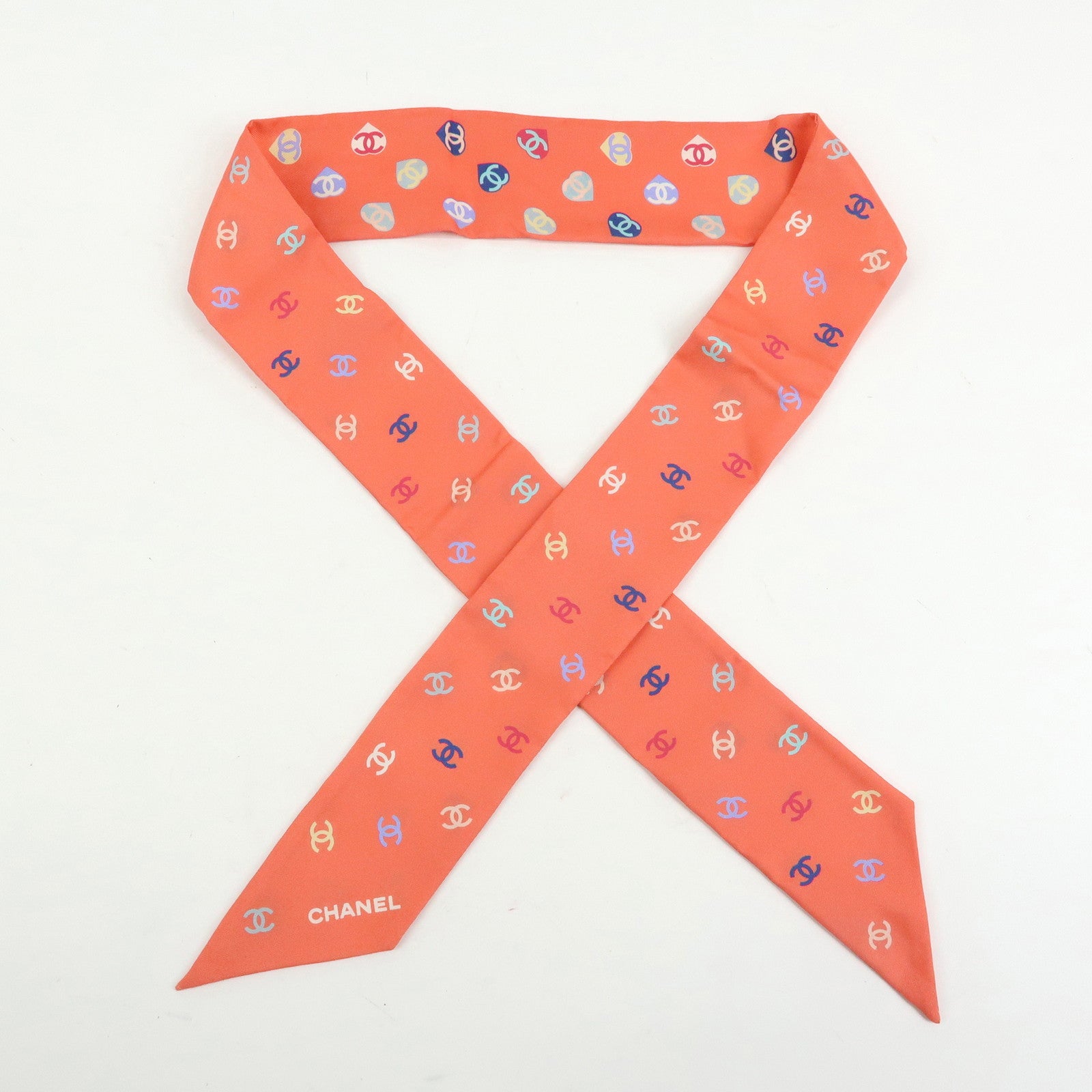 CHANEL Twilly Heart COCO Mark Silk 100% Scarf 6x118 Pink