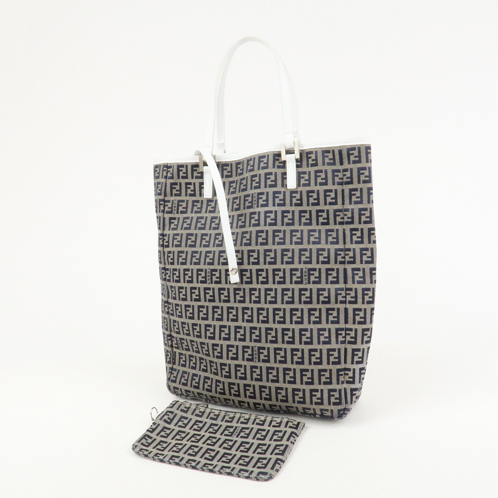FENDI Zucchino Canvas Leather Tote Bag Hand Bag Navy 8BH006