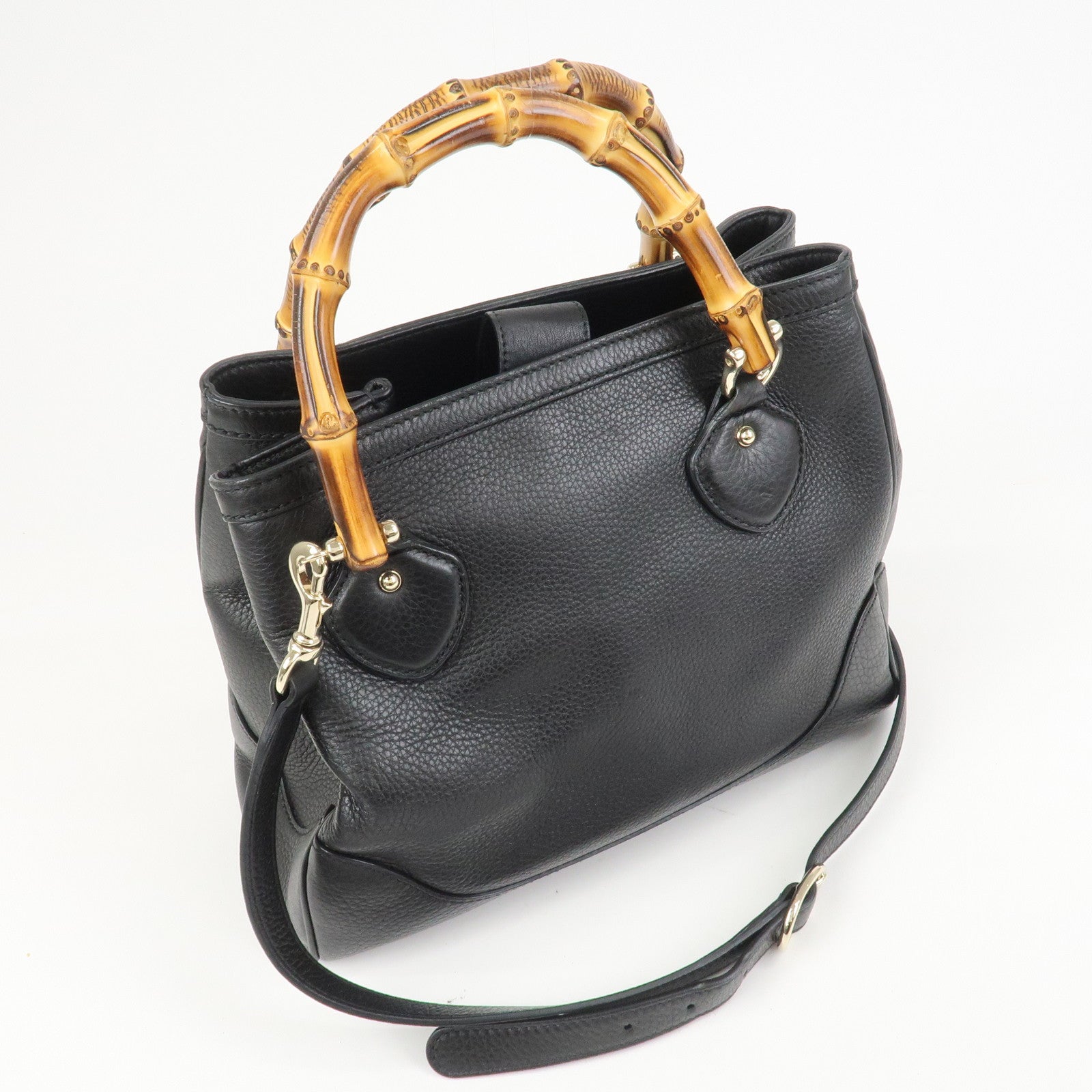 GUCCI Bamboo Logo Leather 2Way Shoulder Bag Hand Bag Black 308360