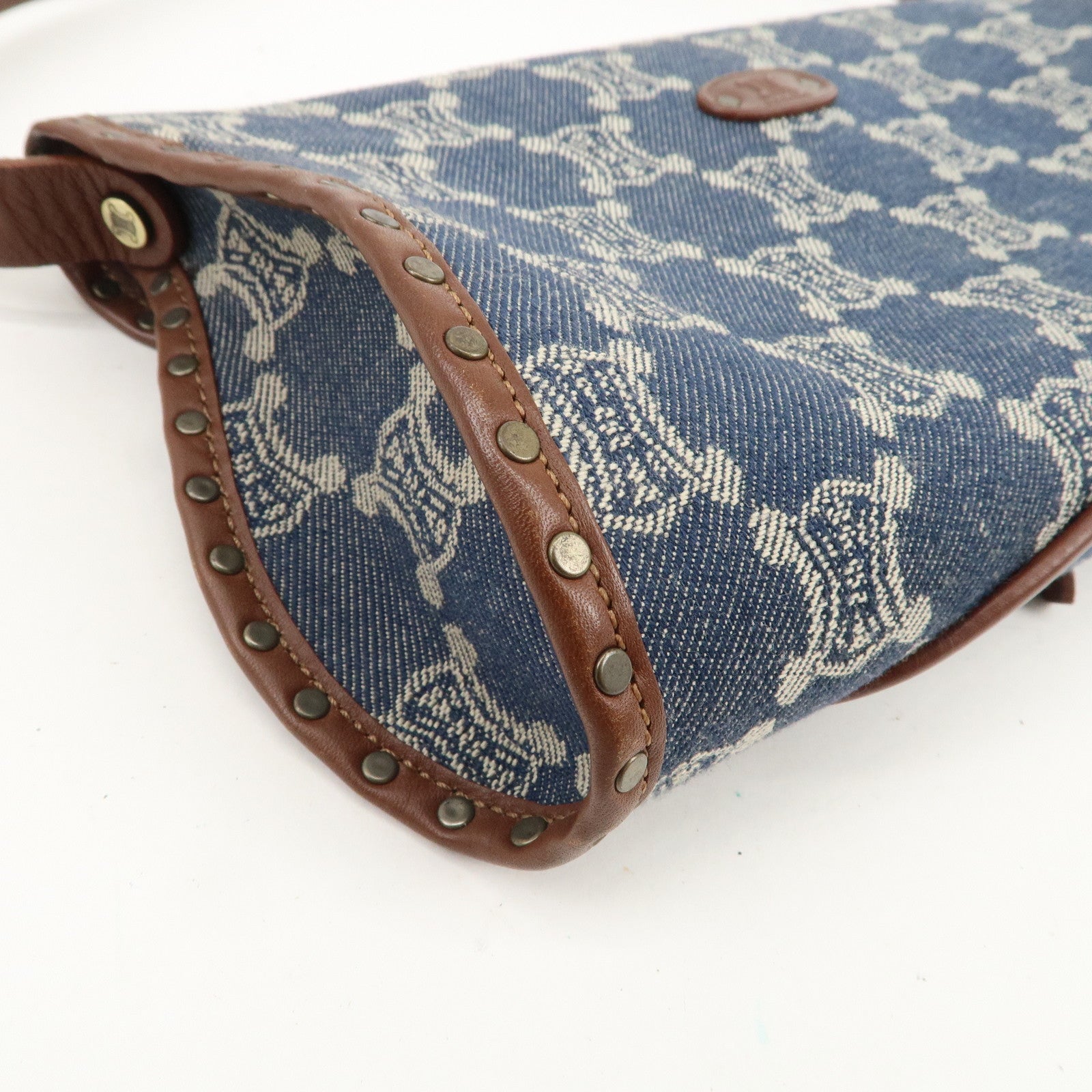 CELINE Macadam Canvas Leather Shoulder Bag Hand Bag Navy Brown