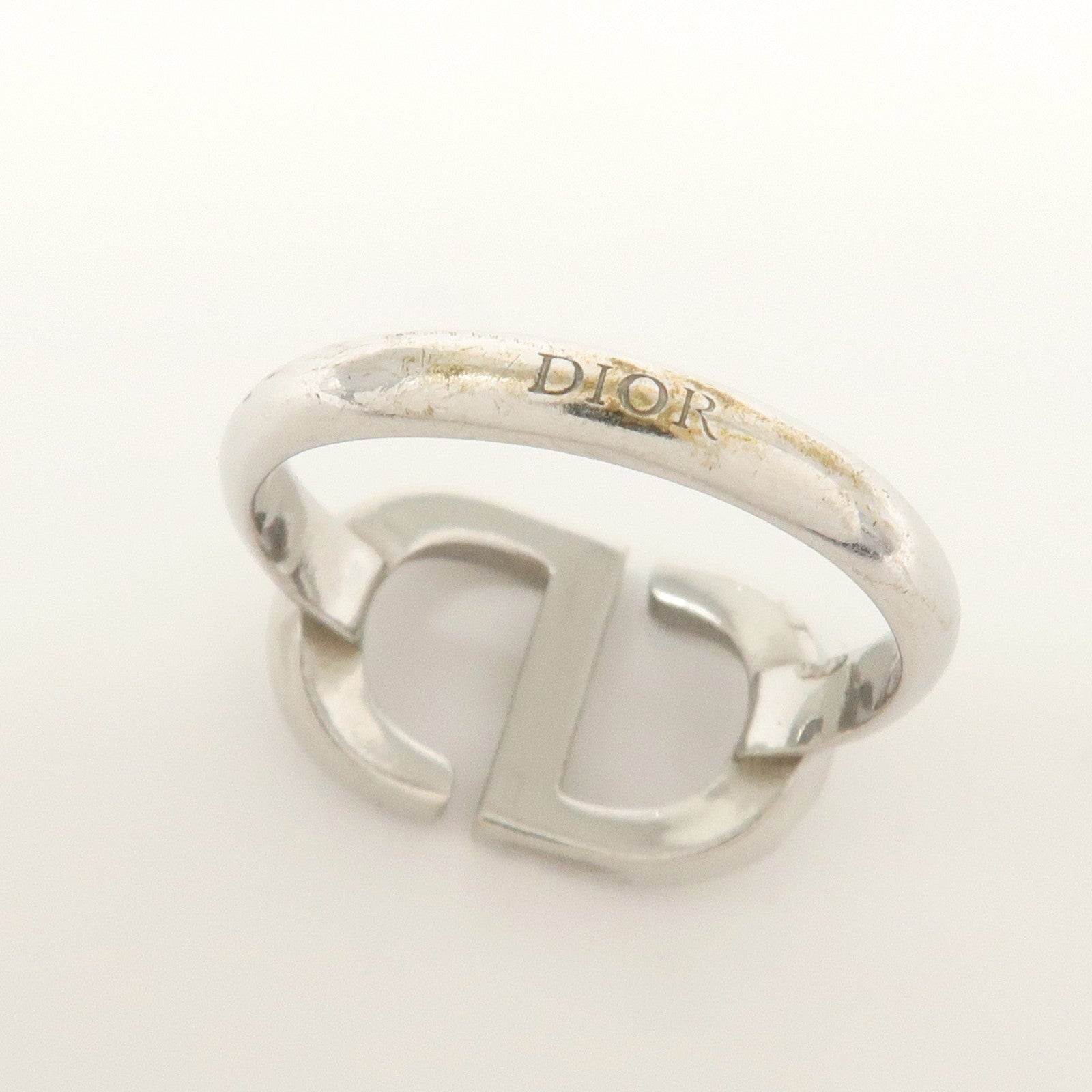 Christian Dior CD Logo Metal Rhinestone Ring Silver