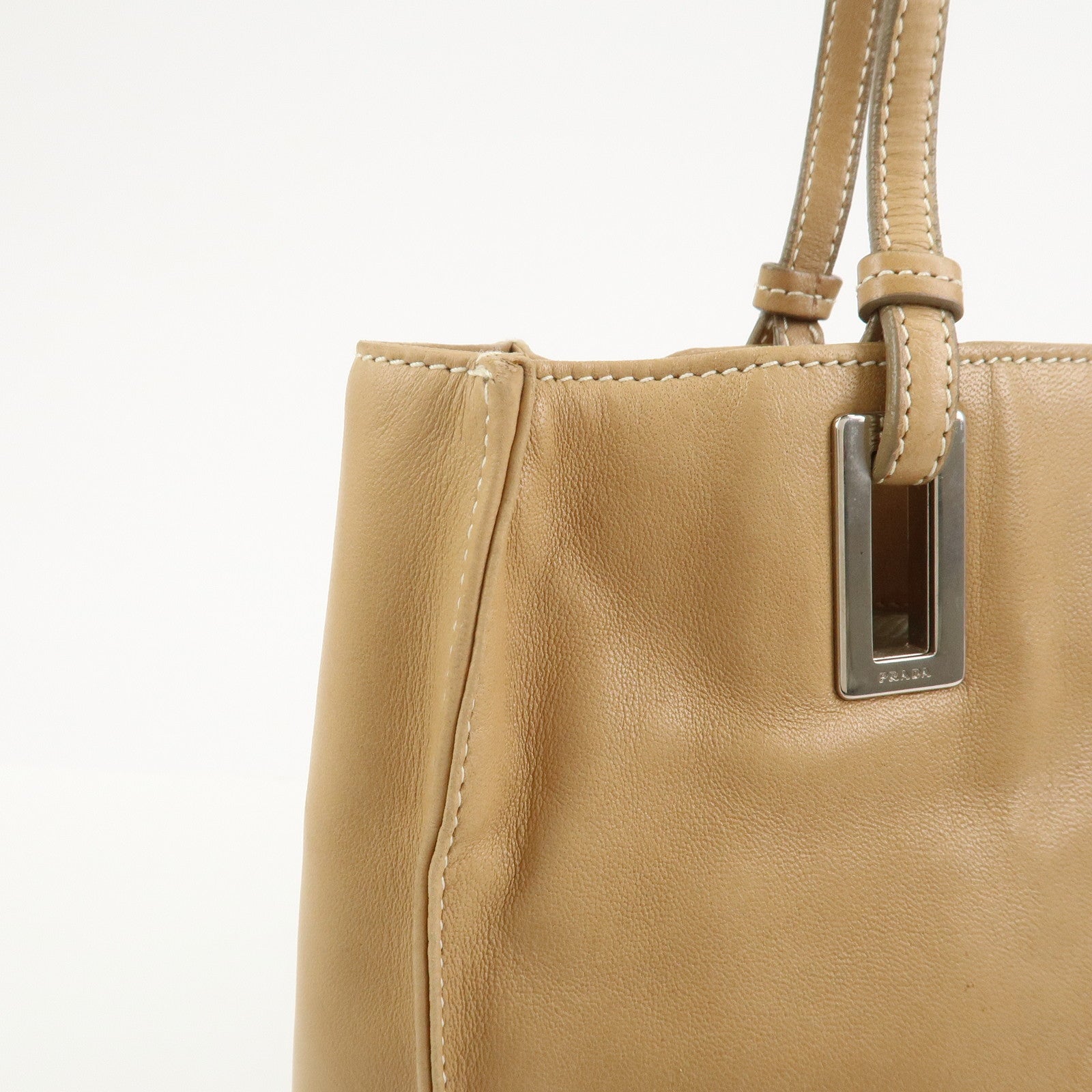 PRADA Triangle Logo Lambskin Tote Bag Shoulder Bag Beige BR1566