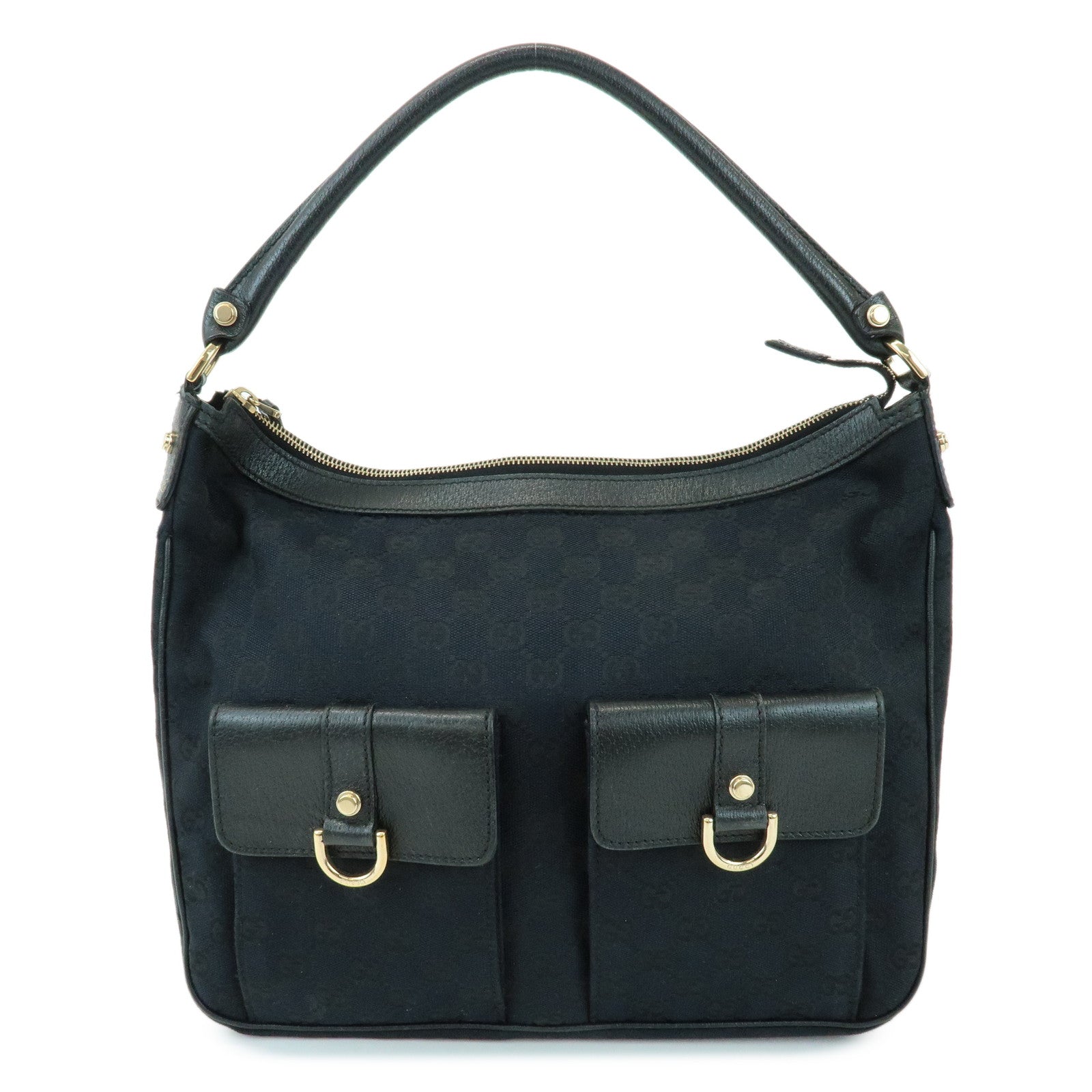 GUCCI GG Canvas Leather Front Pocket Shoulder Hand Bag Black 153025