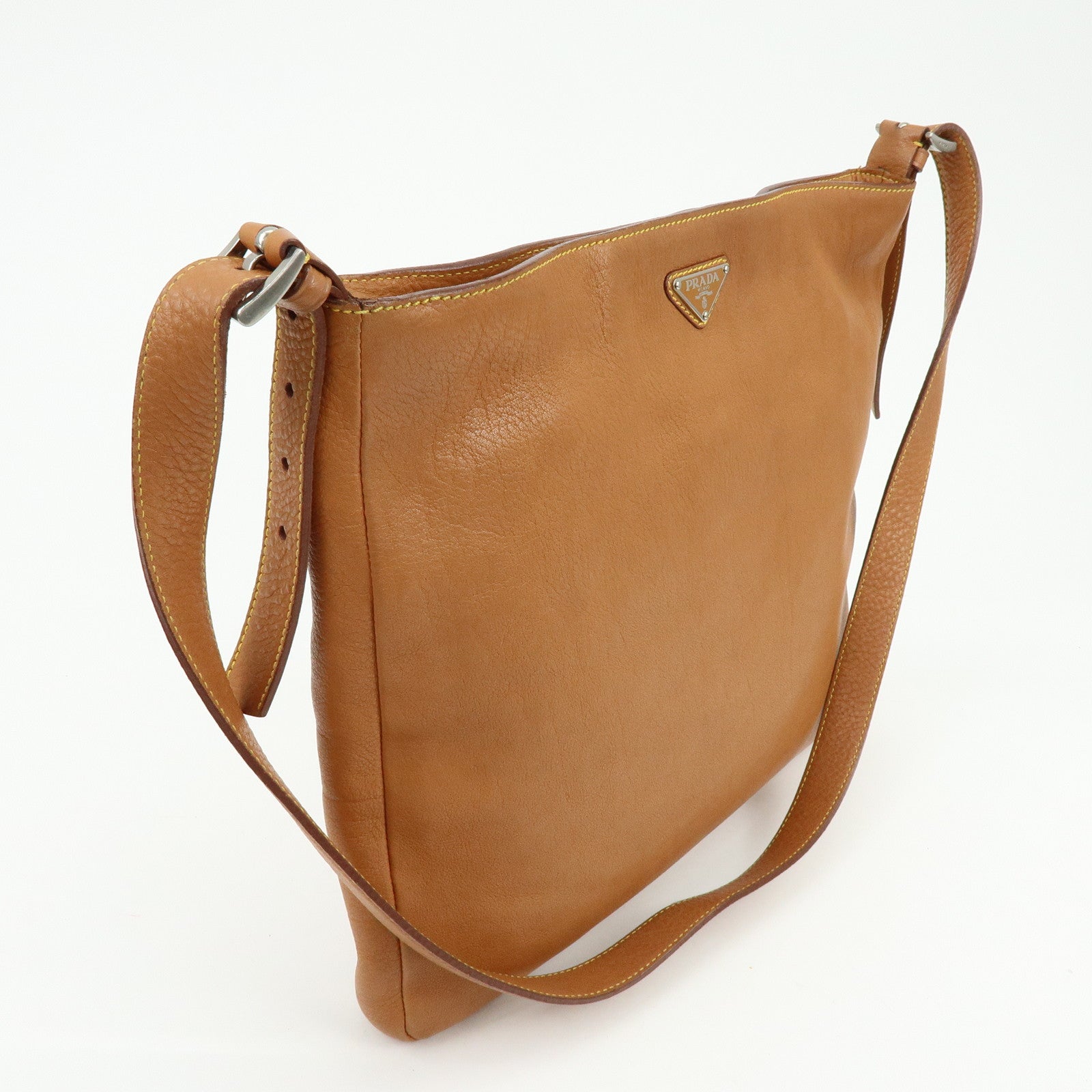 PRADA Triangle Logo Calf Leather Shoulder Crossbody Bag Brown