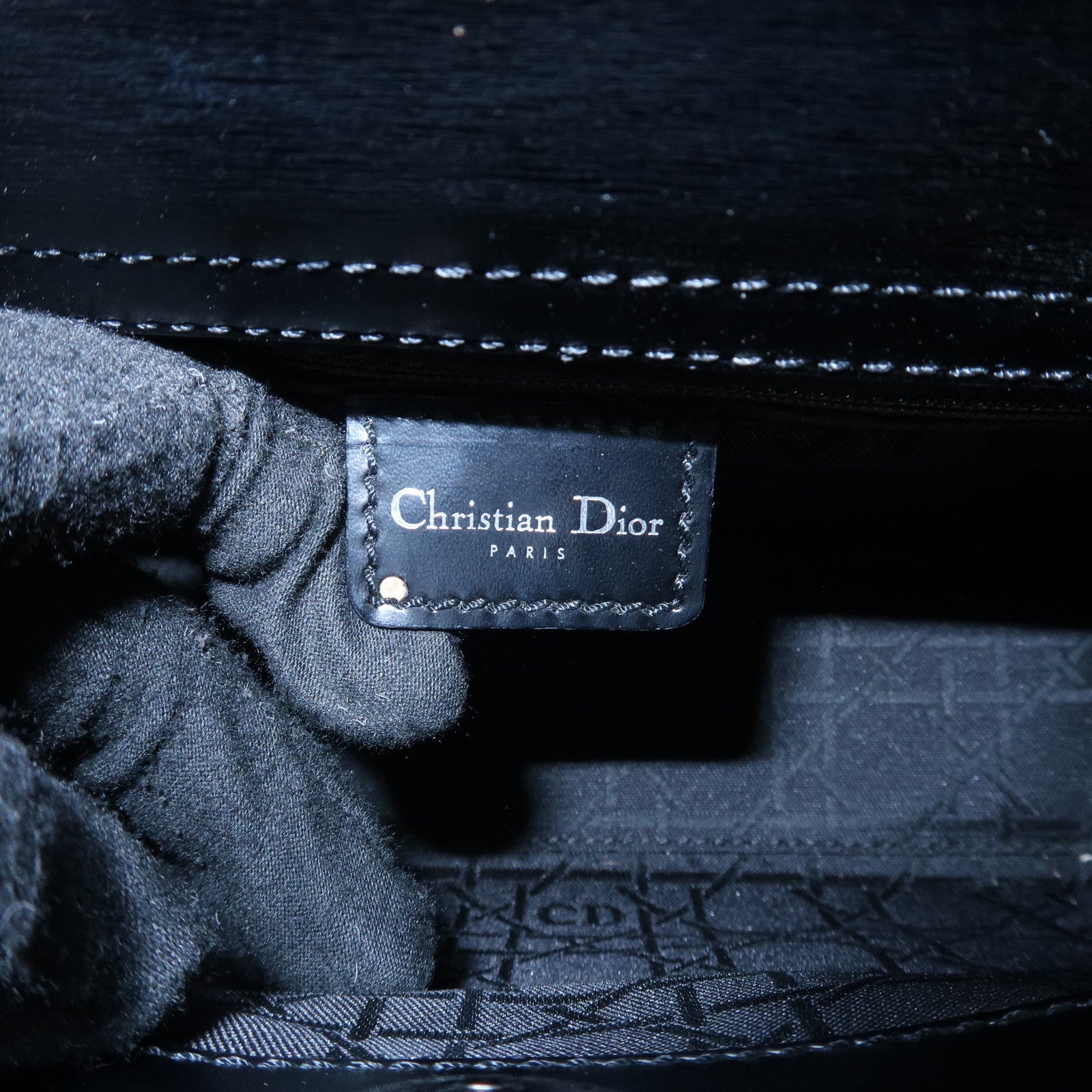 Christian Dior Enamel Leather Maris Pearl Hand Bag Black Used