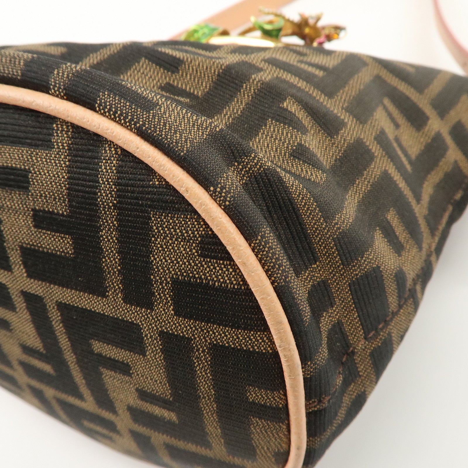 FENDI Zucca Canvas Leather Shoulder Bag Black Pink Flower Motif