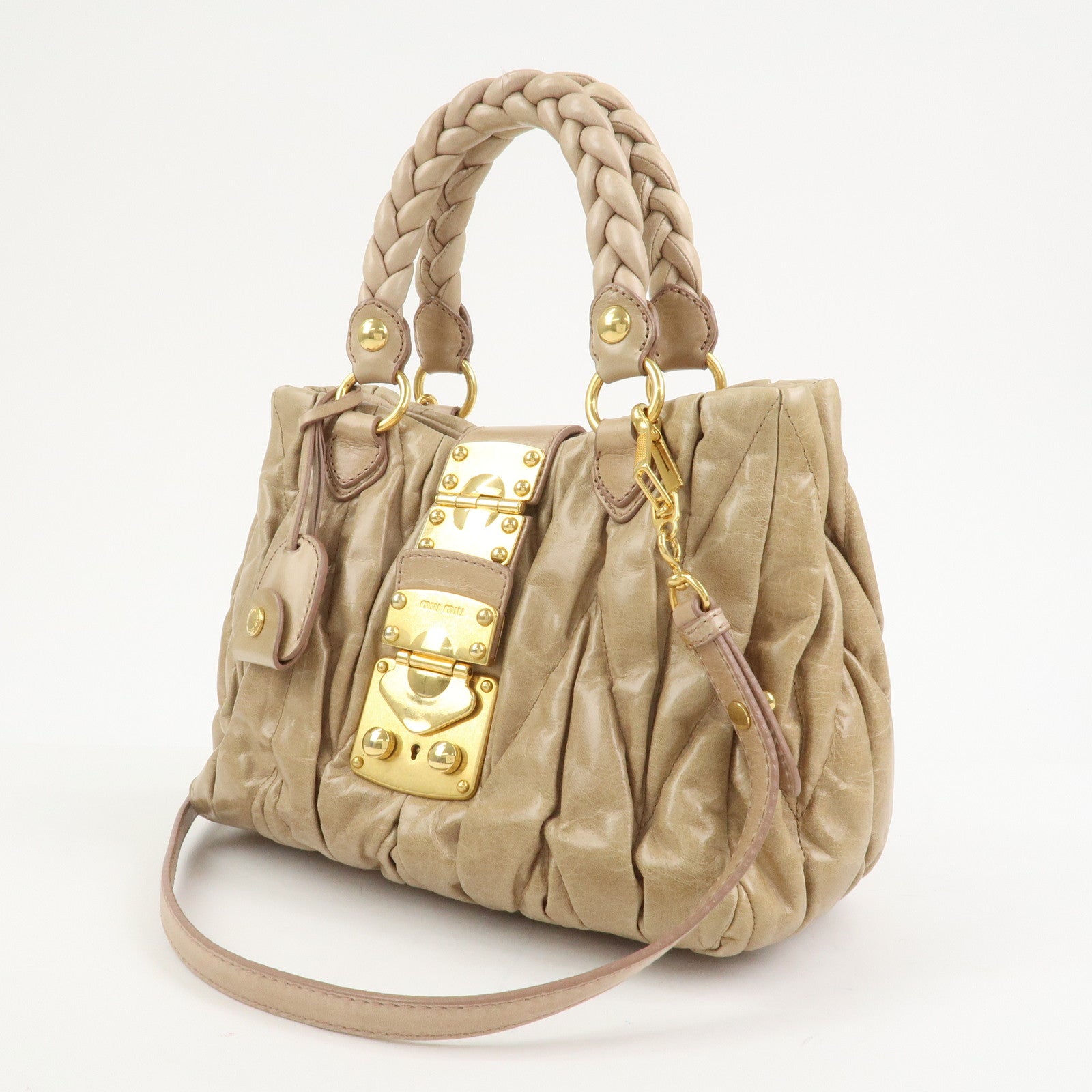 MIU MIU Matelasse Leather 2Way Bag Hand Bag Shoulder Bag Beige