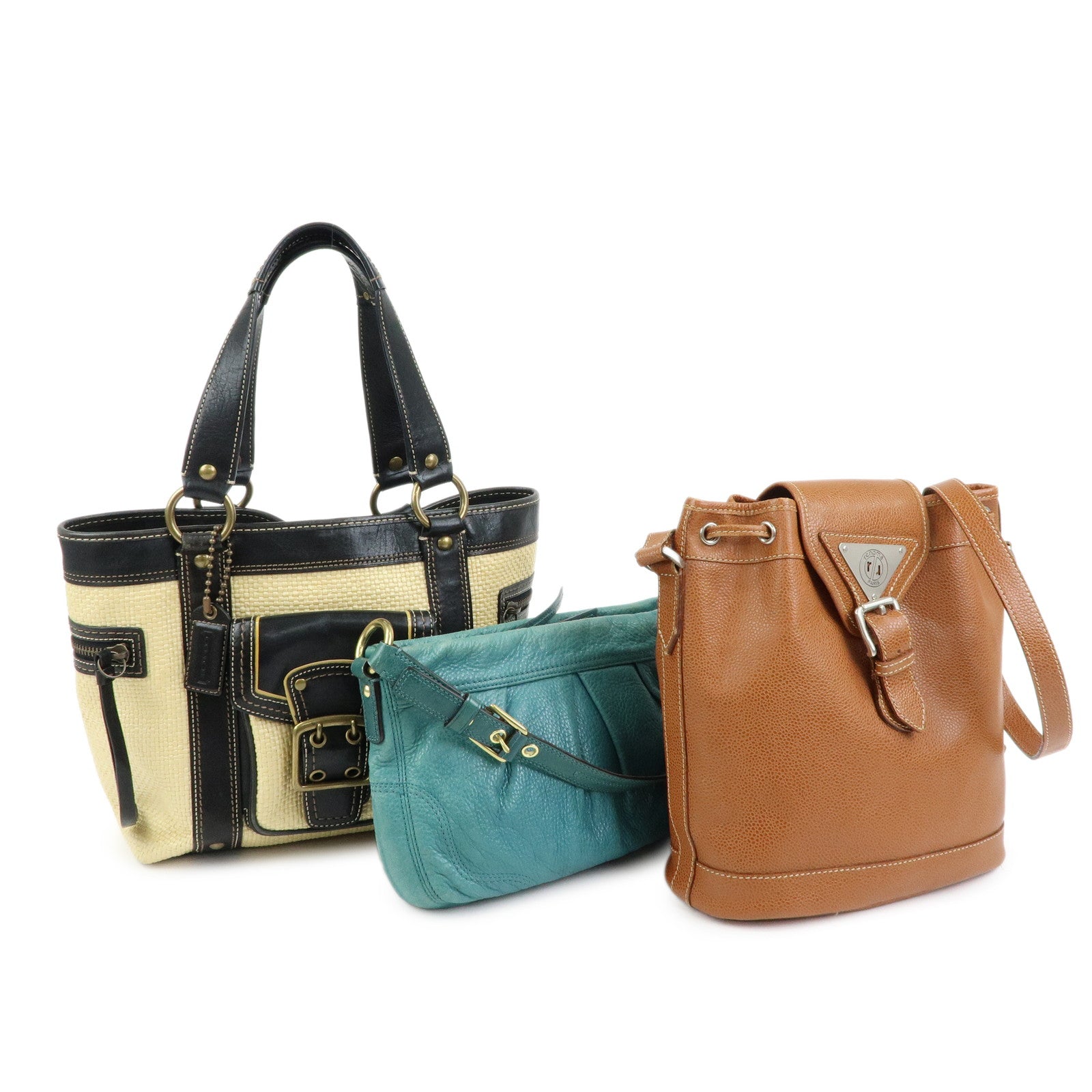 COACH renoma Set of 3 Raffia Leather Shoulder Bag Beige Blue Brown