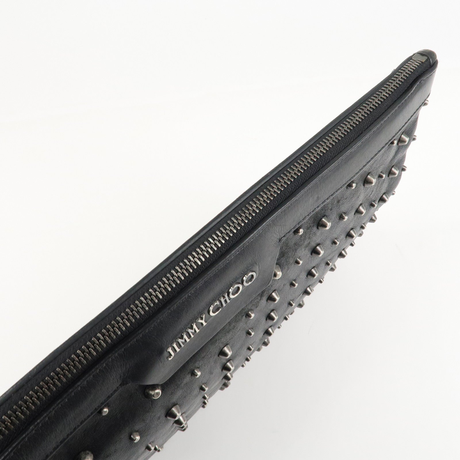 JIMMY CHOO Leather Studs Clutch Bag Black Silver HDW Used