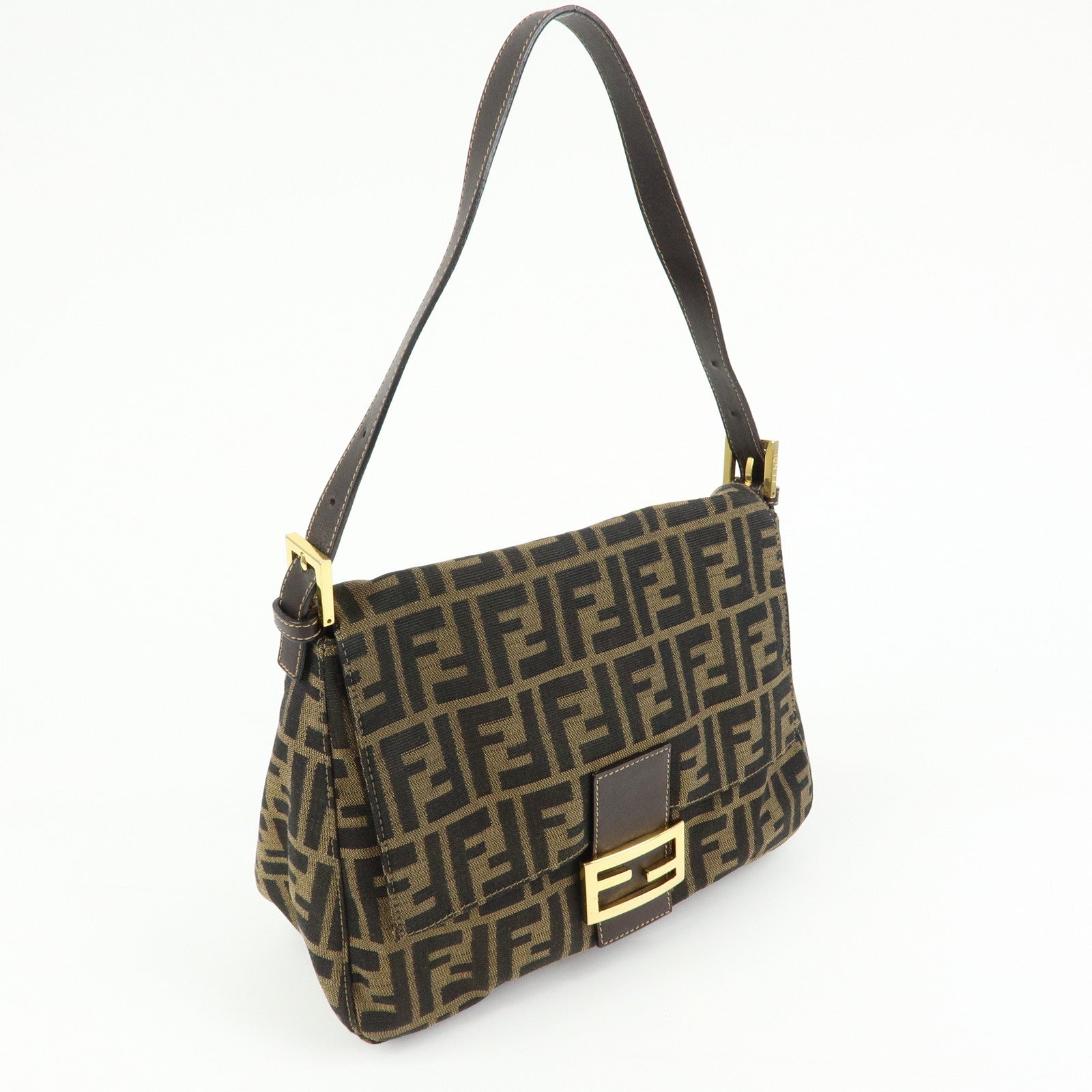 FENDI Mamma Baguette Zucca Canvas Leather Shoulder Bag Brown 26325