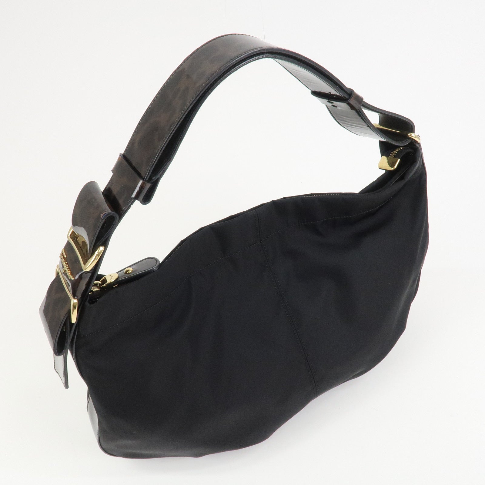 Ferragamo Nylon Patent Leather Shoulder Bag Hand Bag Leopard Black