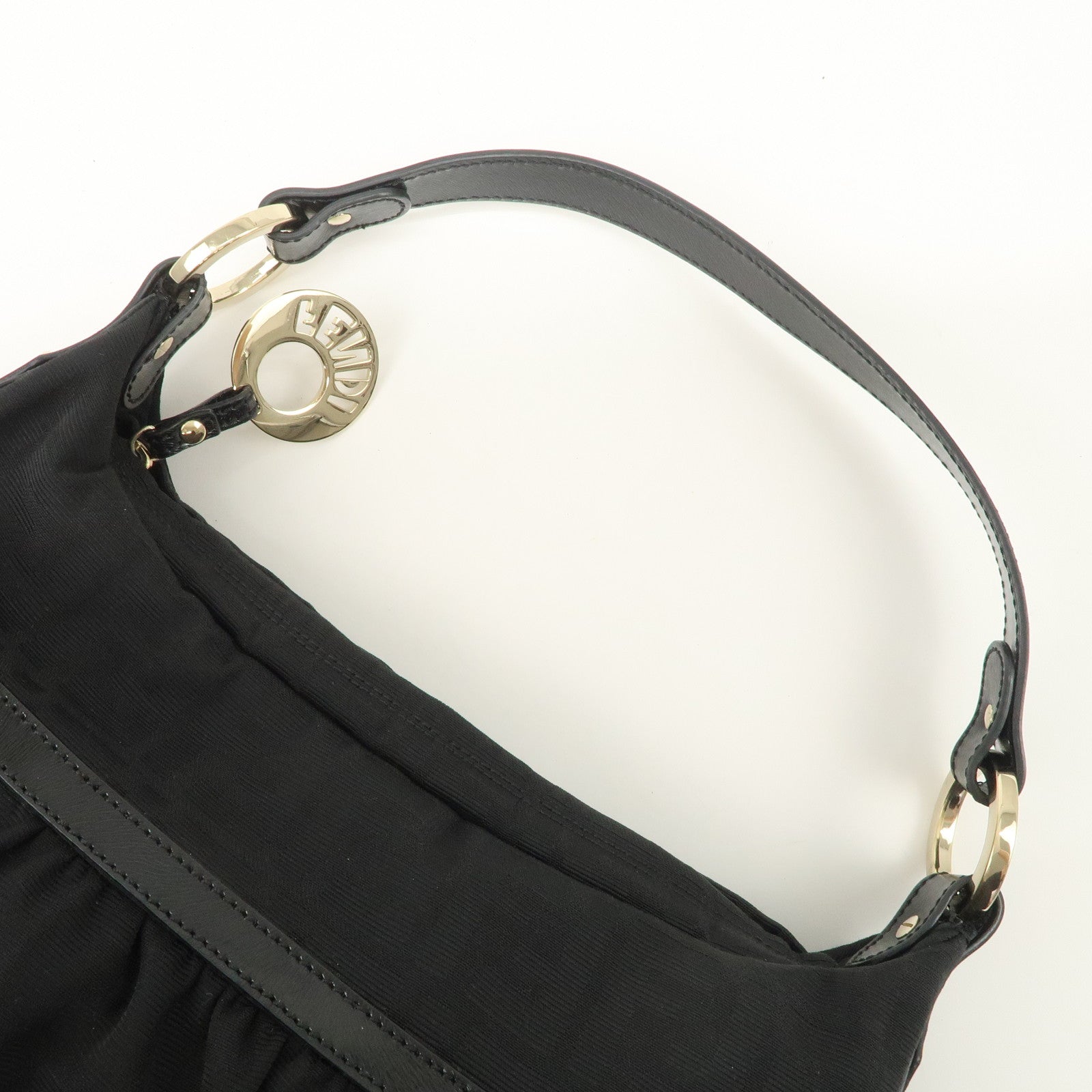 FENDI Zucca Canvas Leather Gathered Shoulder Bag Black 8BR448