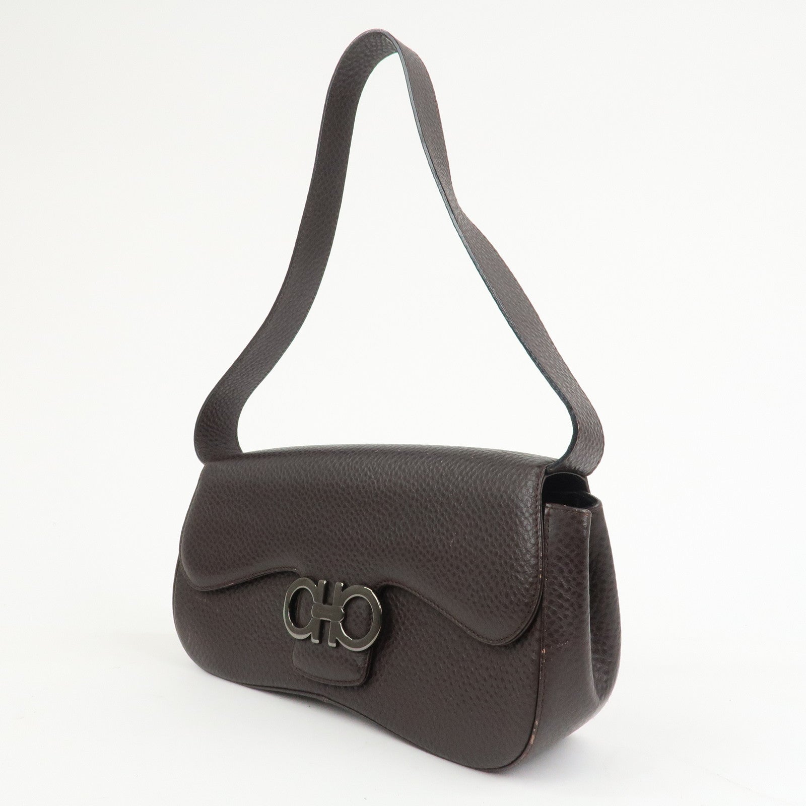 Ferragamo Gancini Logo Leather Shoulder Bag Hand Bag Brown