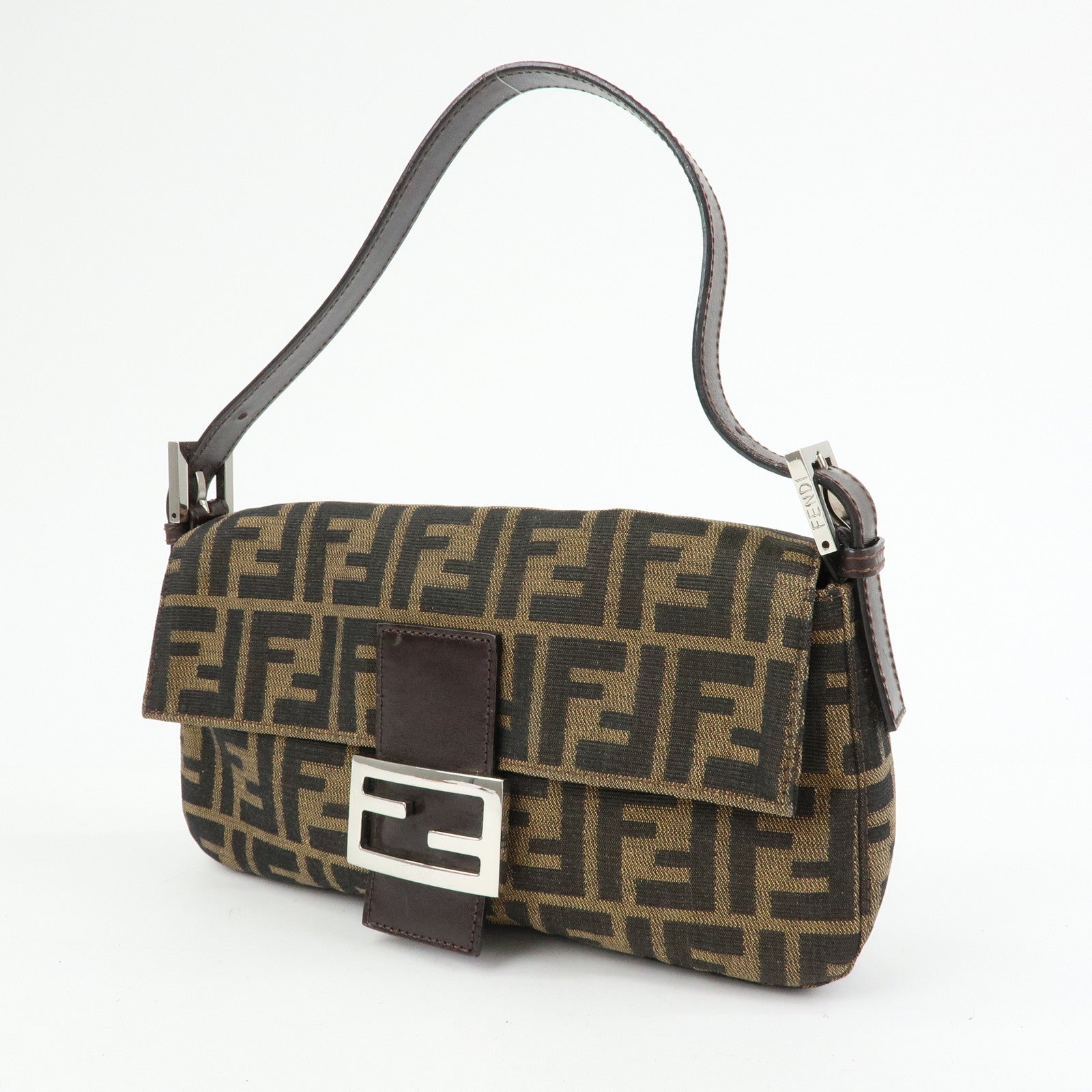 FENDI Mamma Baguette Zucca Canvas Leather Shoulder Bag Brown 26424