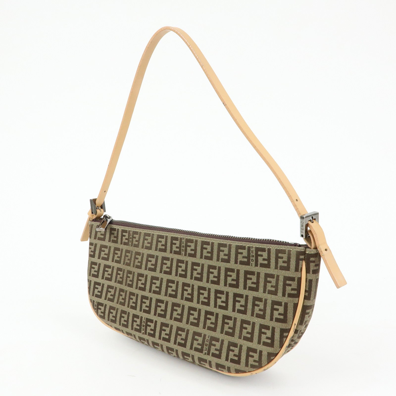 FENDI Zucchino Canvas Leather Shoulder Bag Hand Bag Beige 8BR144