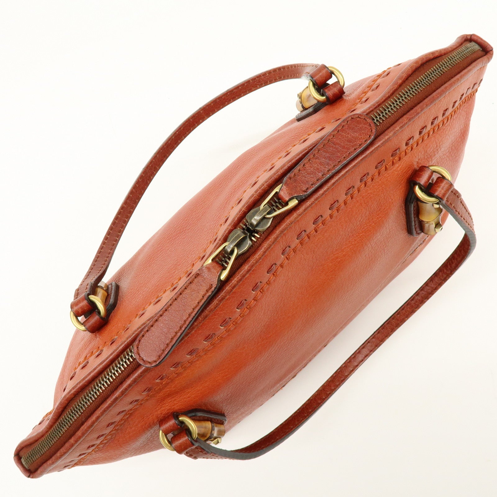 GUCCI Bamboo Laidback Crafty Leather Tote Hand Bag Orange 339002