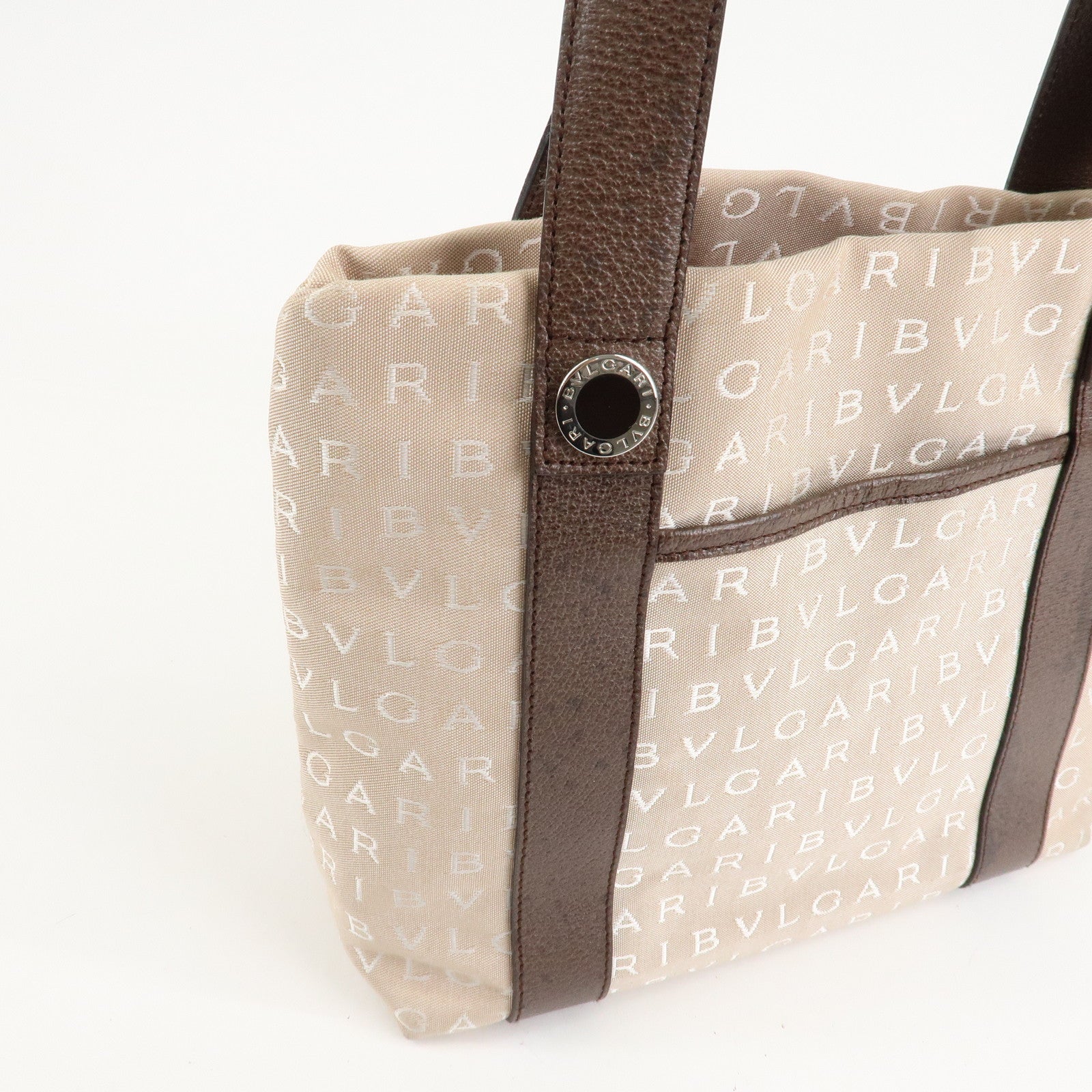 BVLGARI Logo Mania Canvas Leather Tote Bag Beige Dark Brown Silver HDW Used