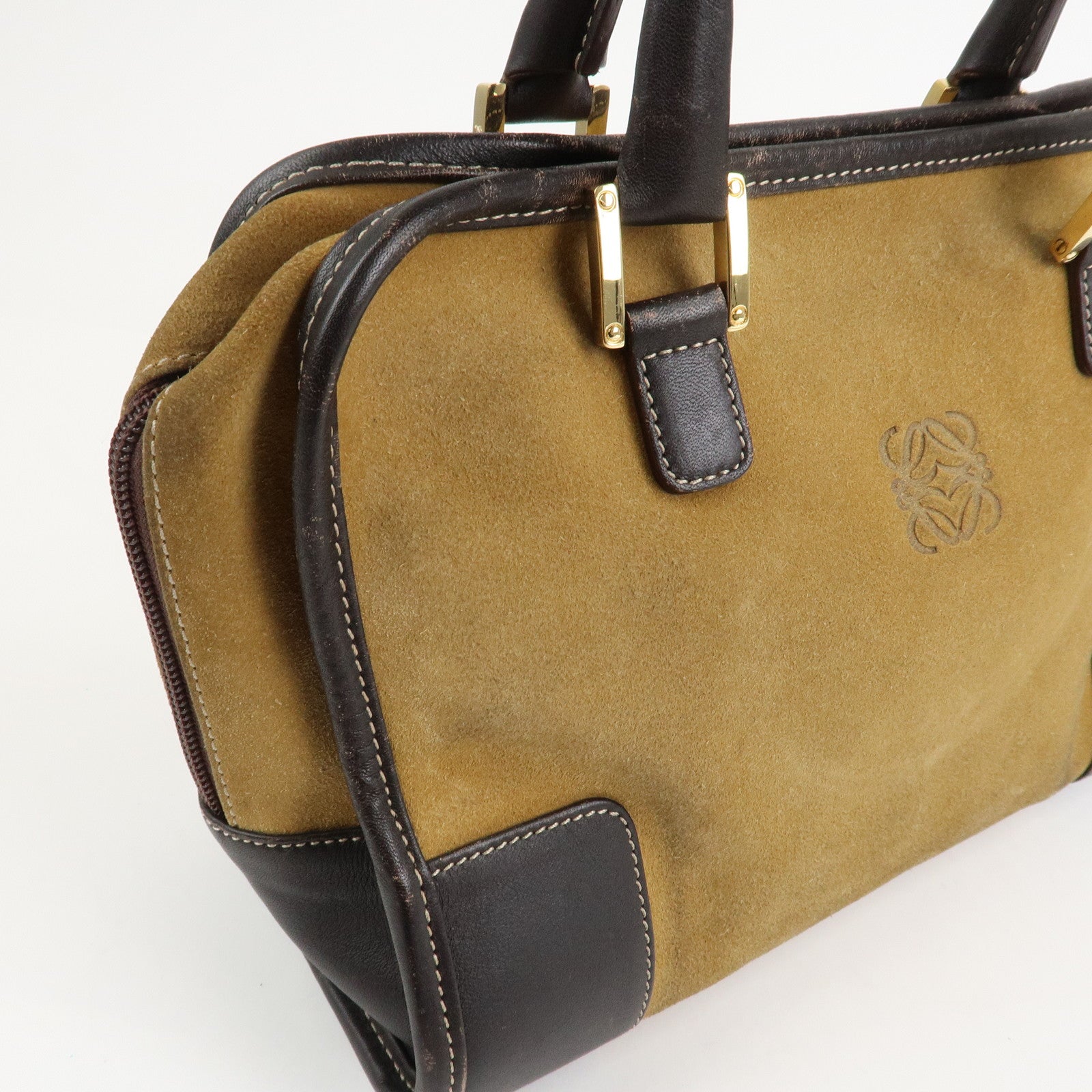 LOEWE Anagram Leather Suede Amazona 28 Hand Bag Beige Brown