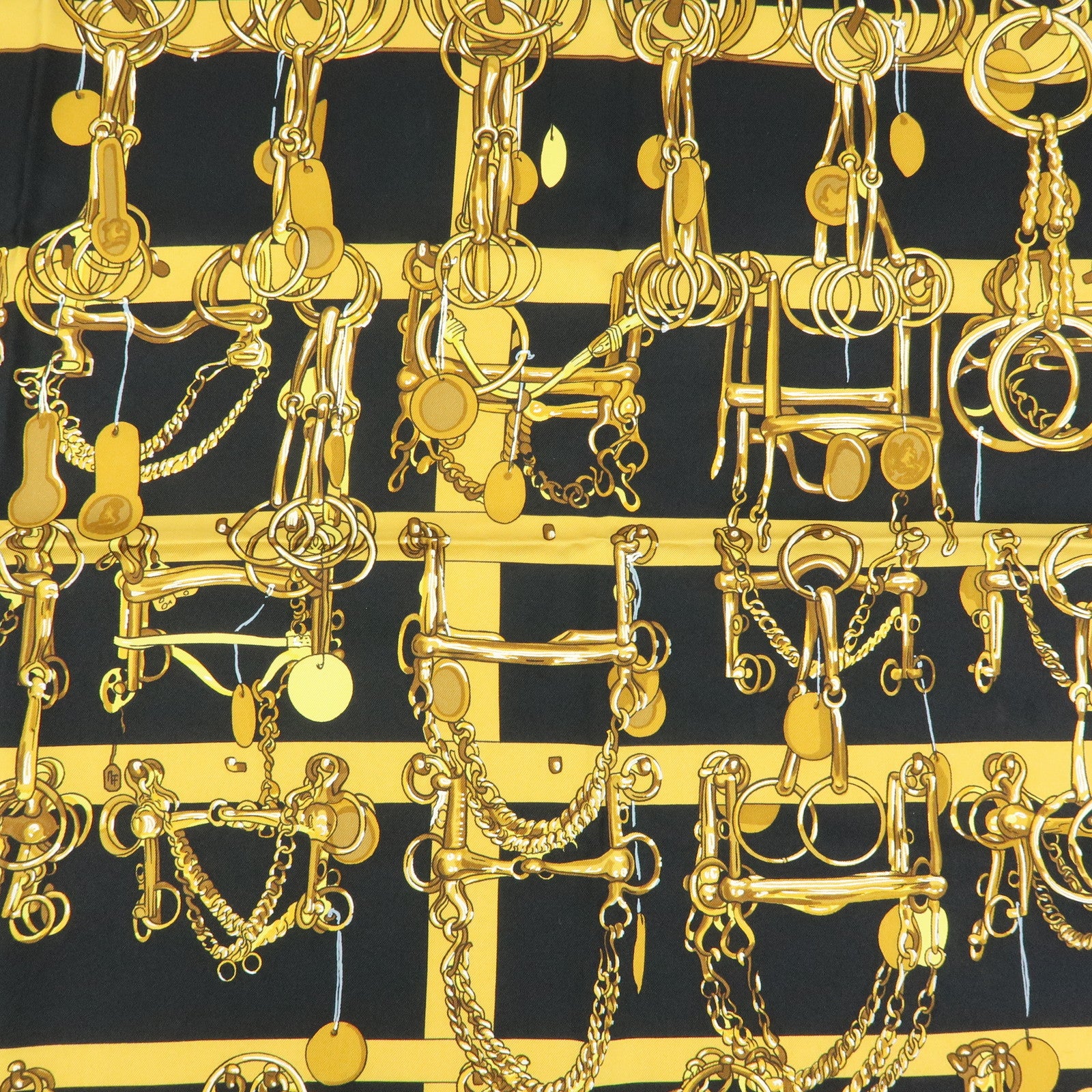 HERMES Carre 90 Silk 100% Scarf MORS&FILETS Black Yellow