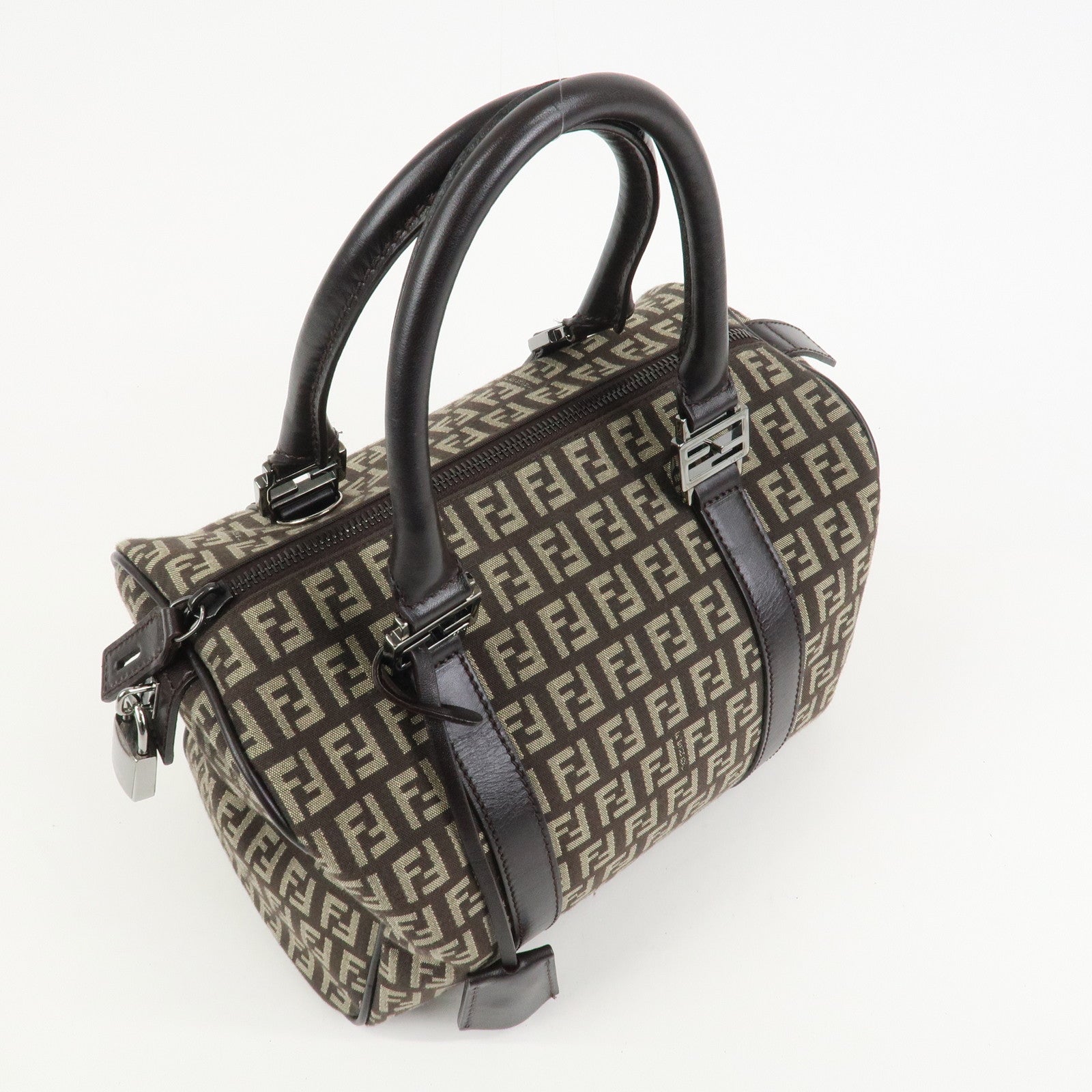 FENDI Zucchino Canvas Leather Hand Bag Boston Bag Brown 8BL068