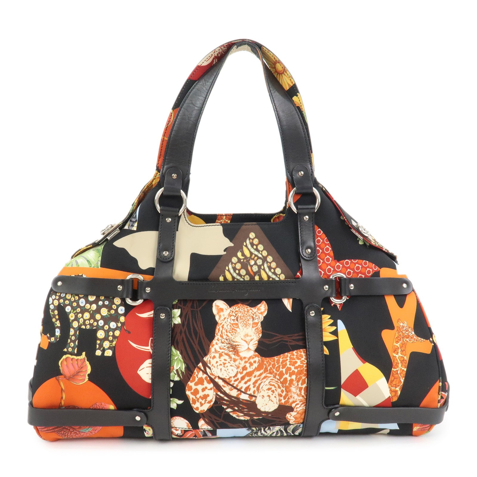 Ferragamo Nylon Leather Hand Bag Shoulder Bag Black Multicolor