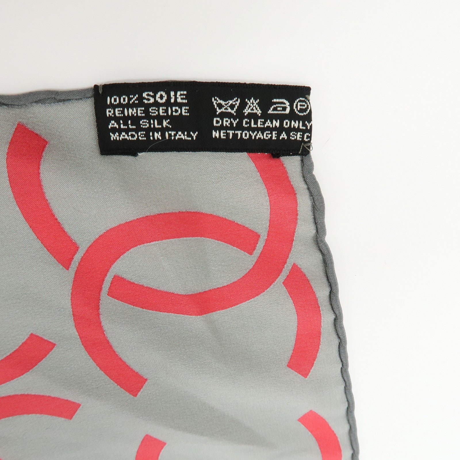 CHANEL COCO Mark Silk 100% Scarf Shawl Geometric Pattern Gray Red