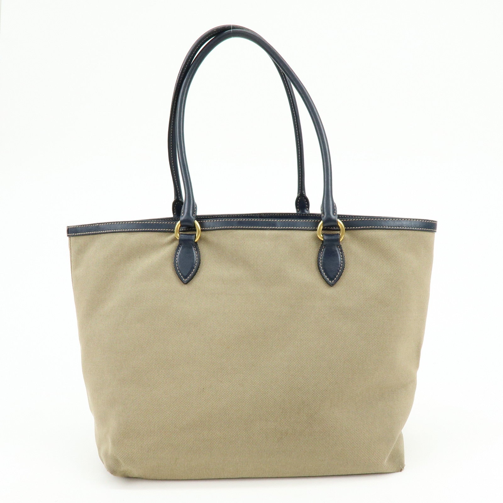 PRADA Logo Jacguard Leather Tote Bag Hand Bag Beige Navy