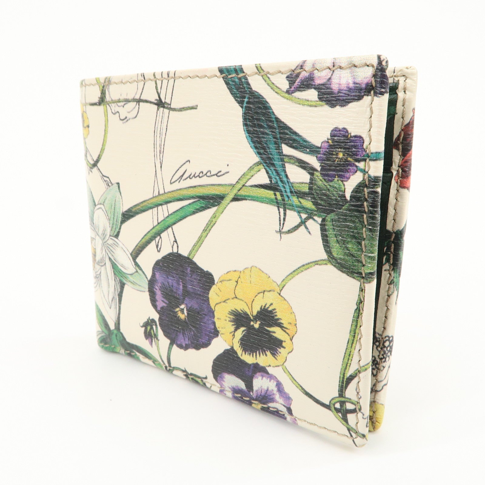 GUCCI GG Marmont Flora Canvas Leather Compact Wallet Ivory 04848