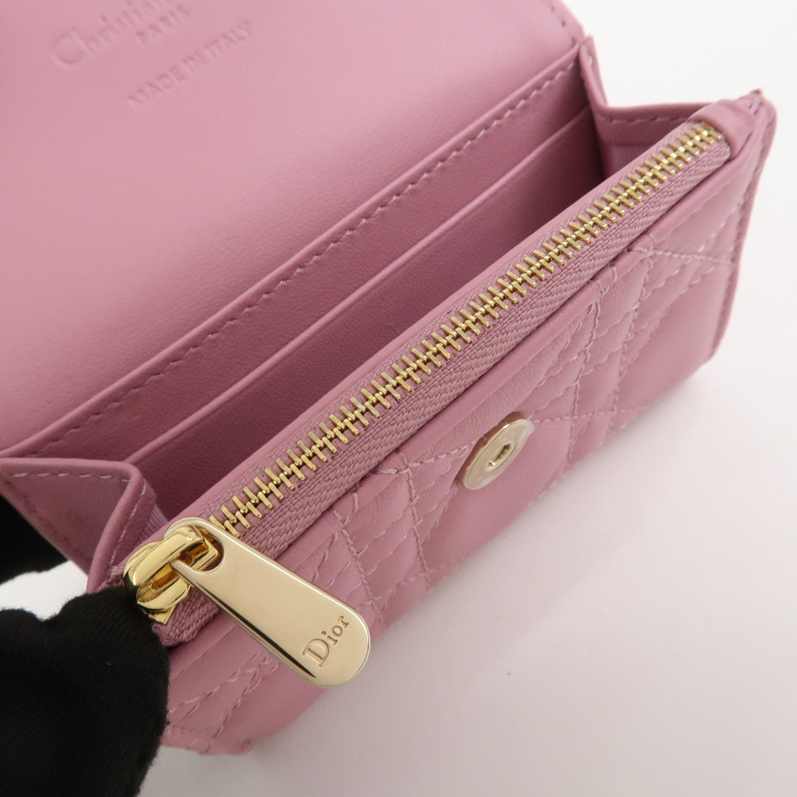 Christian Dior Cannage Logo Leather Bi-fold Compact Wallet Pink