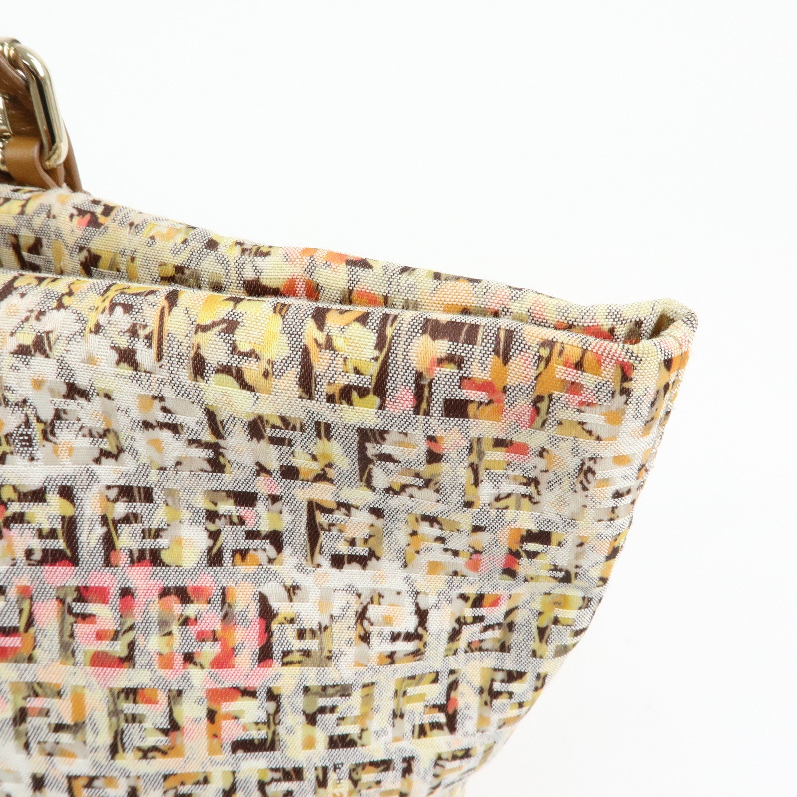 FENDI Zucchino Canvas Leather Flower Print Tote Bag Hand Bag 8BH215