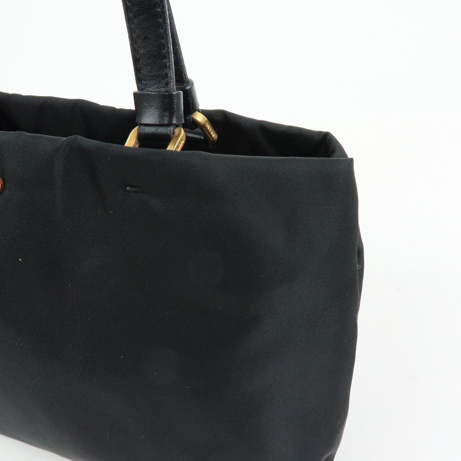 PRADA Triangle Logo Nylon Leather Tote Bag Hand Shoulder Bag Black