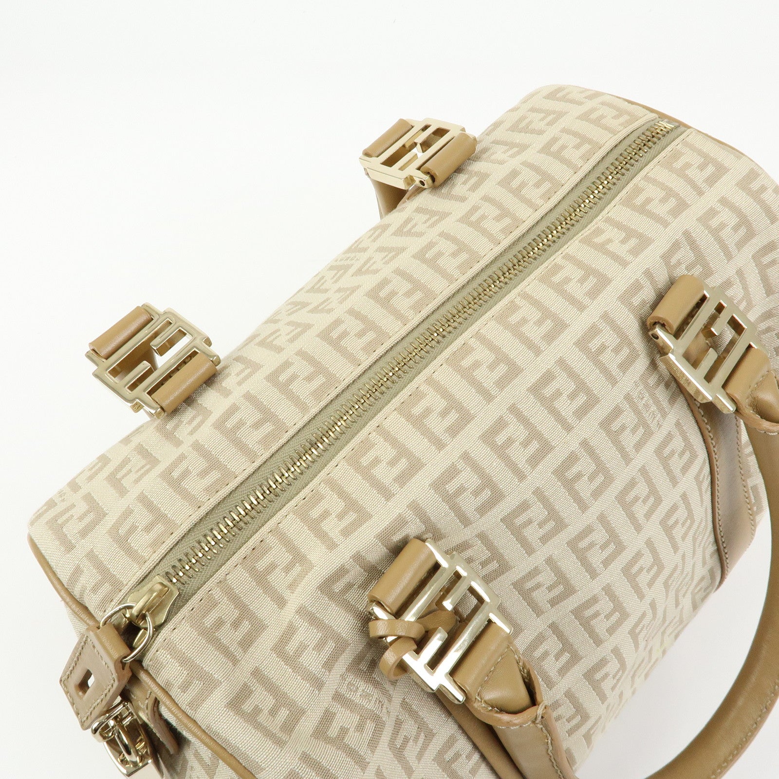 FENDI Zucchino Canvas Leather Boston Bag Hand Bag Beige 8BL068