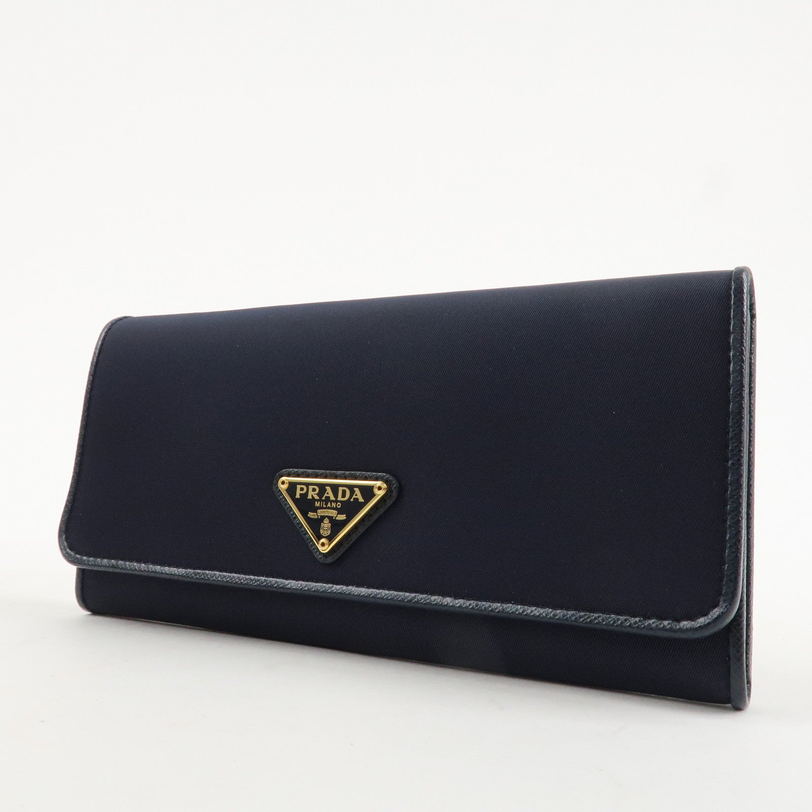 PRADA Triangle Logo Nylon Leather Bi-fold Long Wallet Navy 1MH132 Used