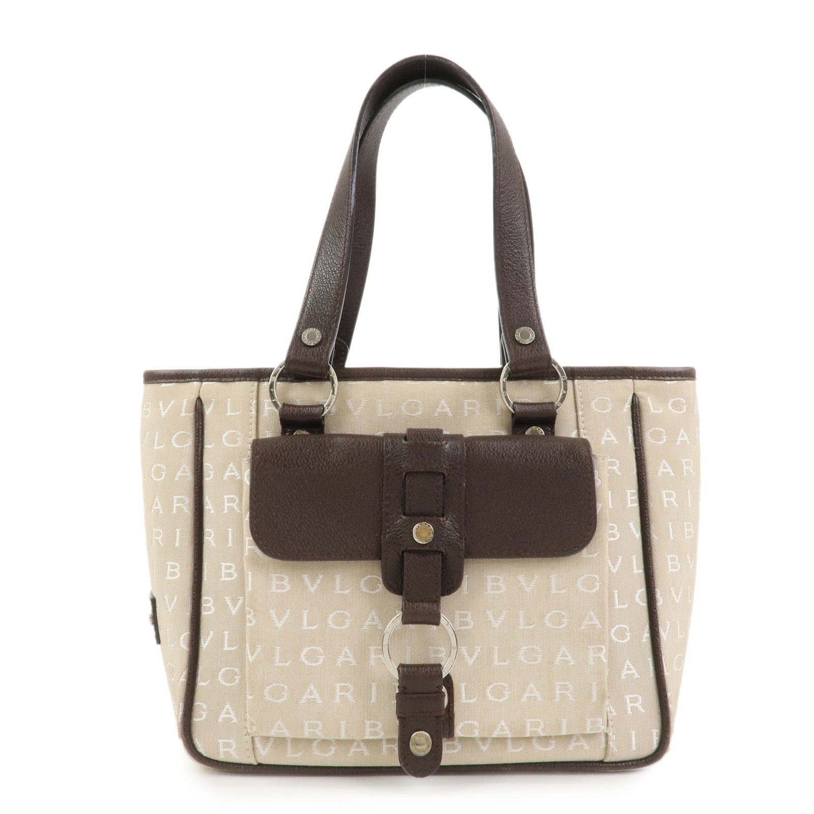 BVLGARI Logo Mania Canvas Leather Tote Bag Hand Bag Beige Brown