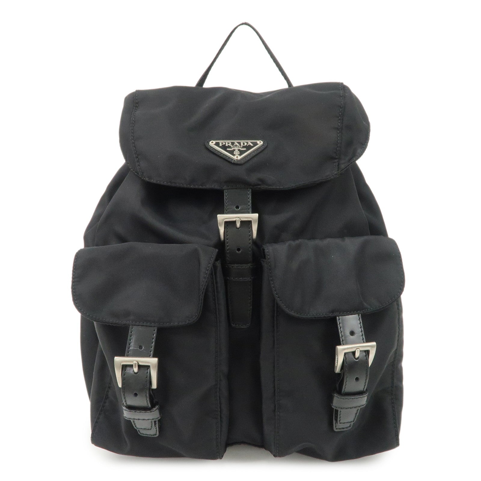 PRADA Triangle Logo Leather Nylon Backpack Black B6677 Used
