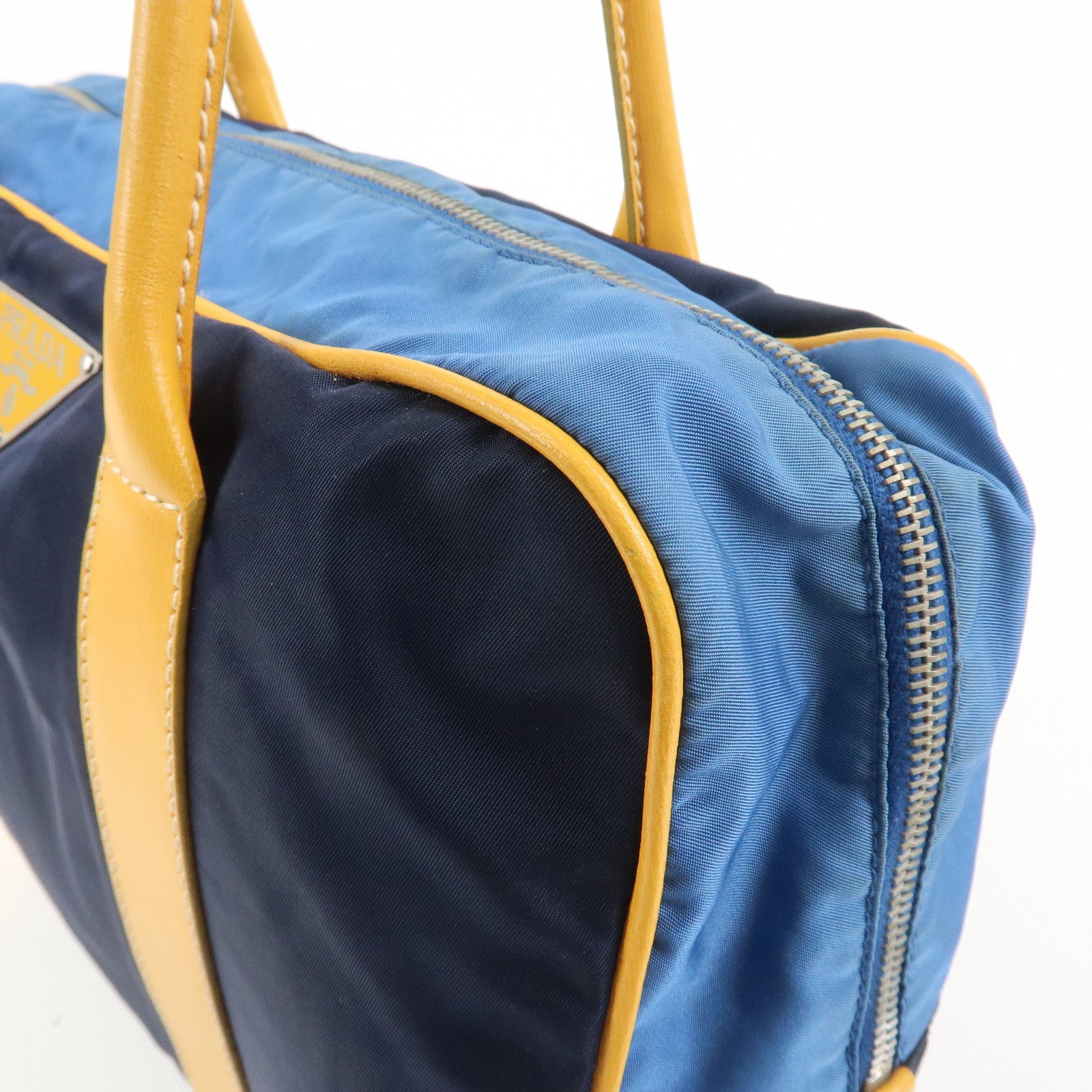 PRADA Triangle Logo Nylon Leather Shoulder Bag Hand Bag Navy Yellow