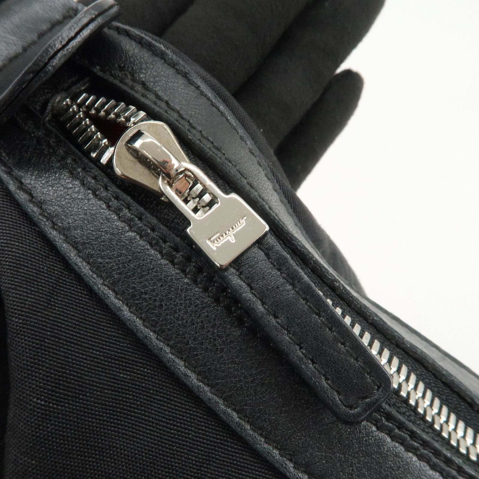 Ferragamo Gancini Logo Nylon Canvas Leather Shoulder Bag Black