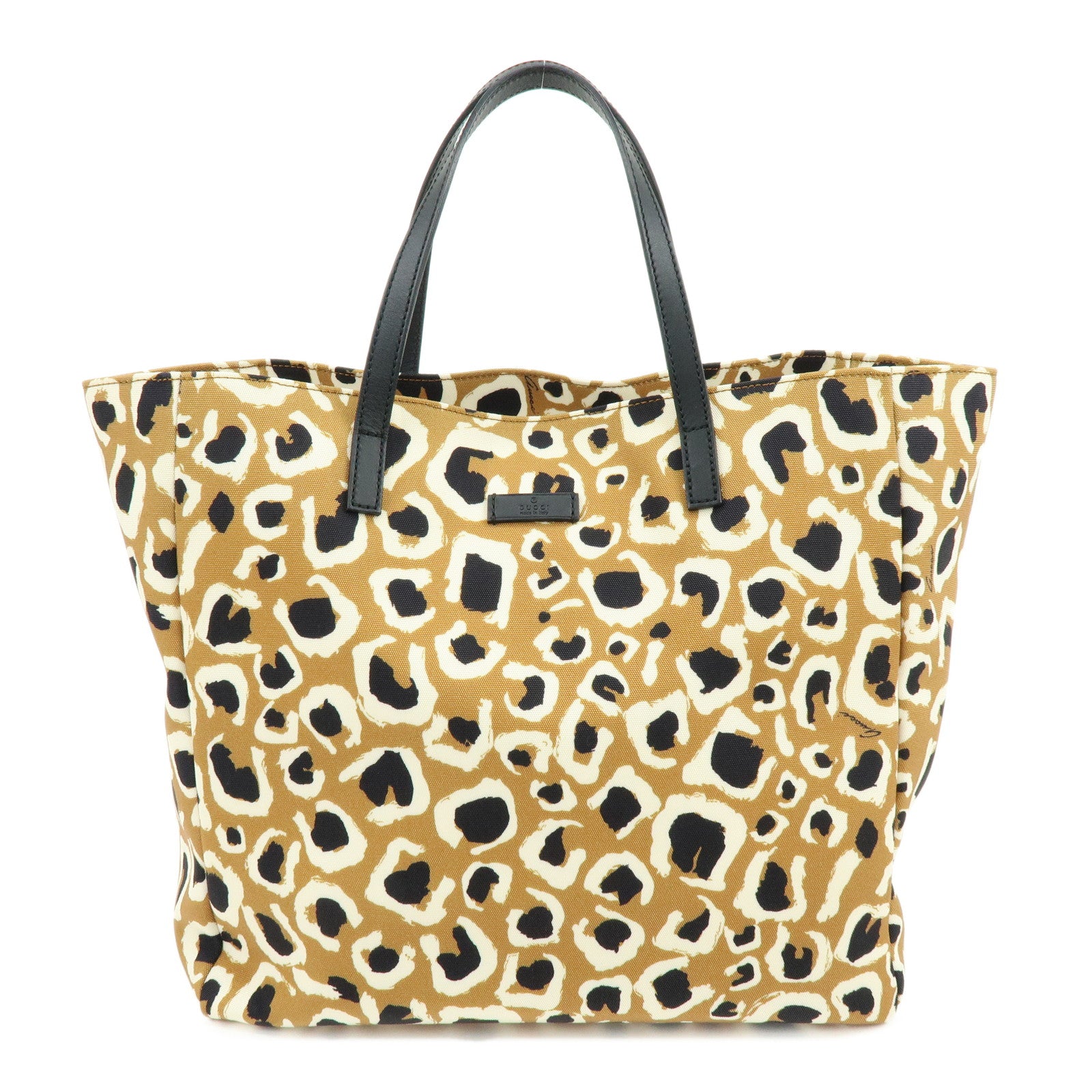 GUCCI Leopard Canvas Leather Tote Bag Hand Bag Beige Black 282439