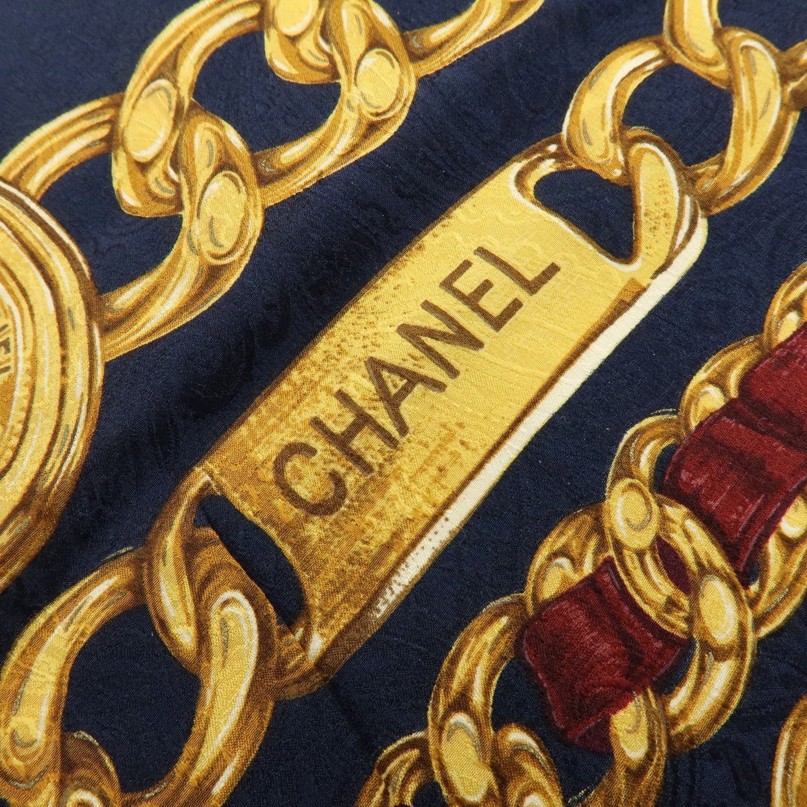 CHANEL COCO Mark Silk 100% Scarf Chain Motif Navy Gold