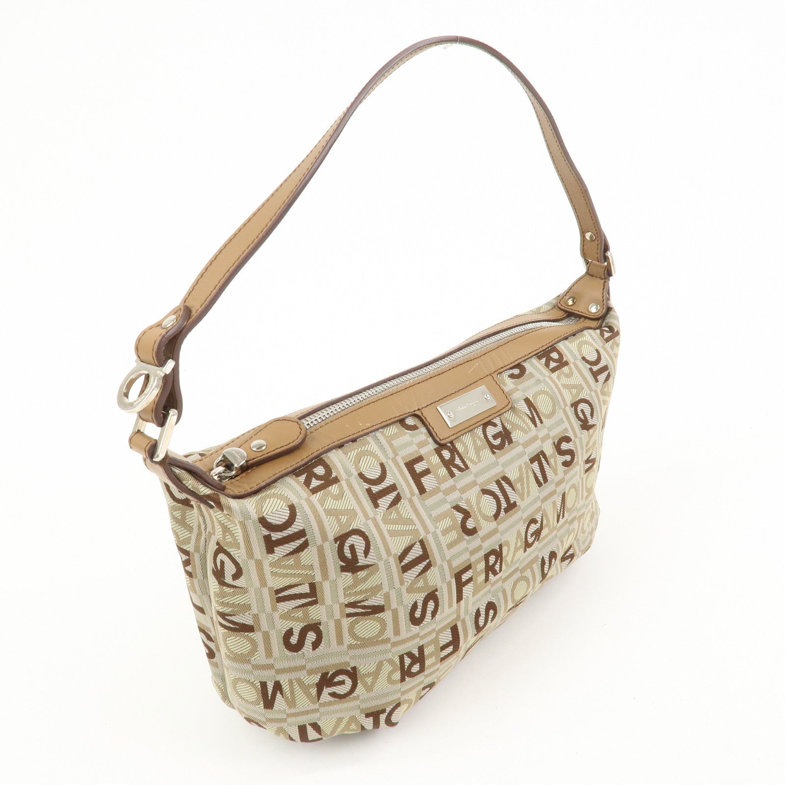 Ferragamo Logo Canvas Leather Hand Bag Shoulder Bag Beige Brown