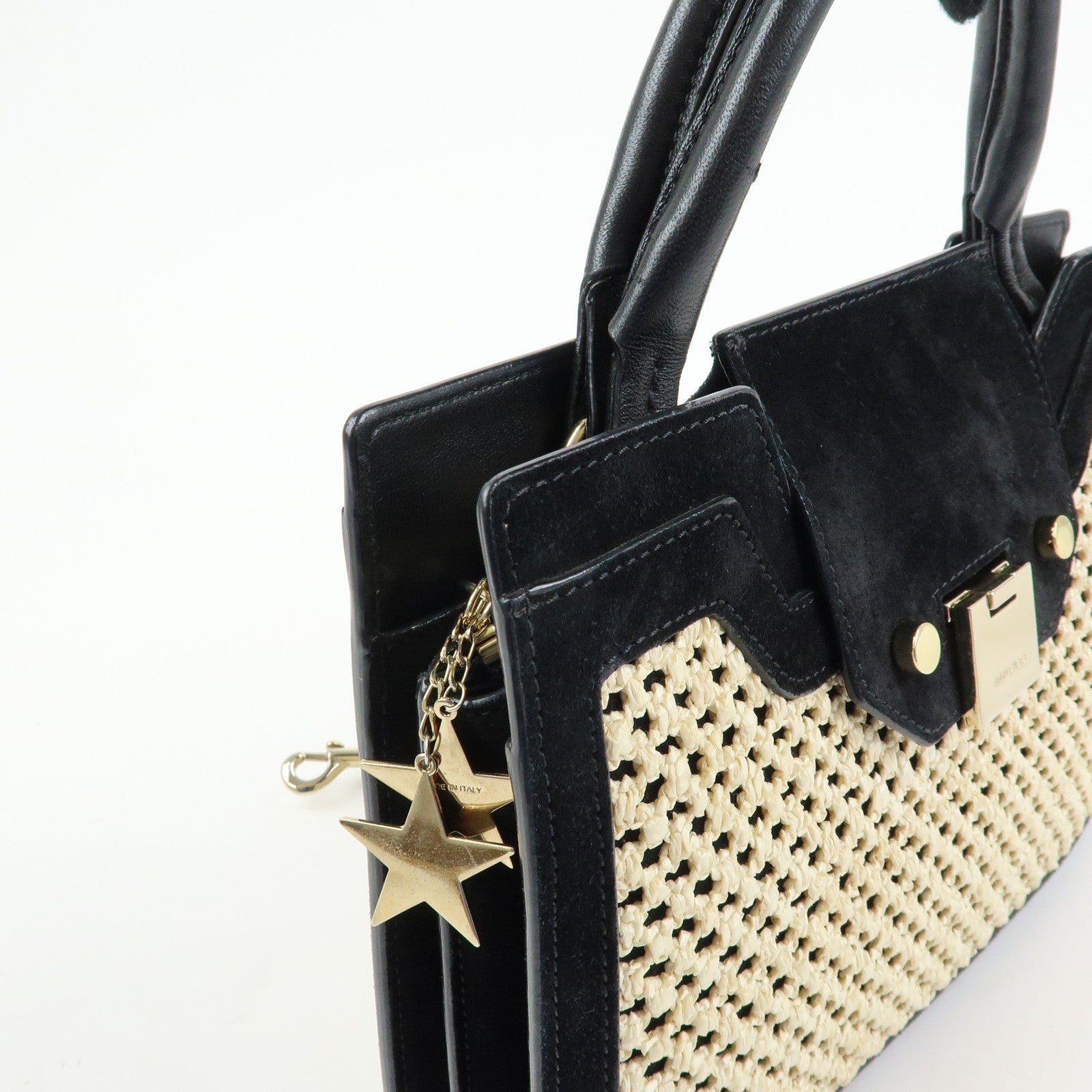 JIMMY CHOO Straw Suede Leather 2Way Bag Hand Bag Natural Black